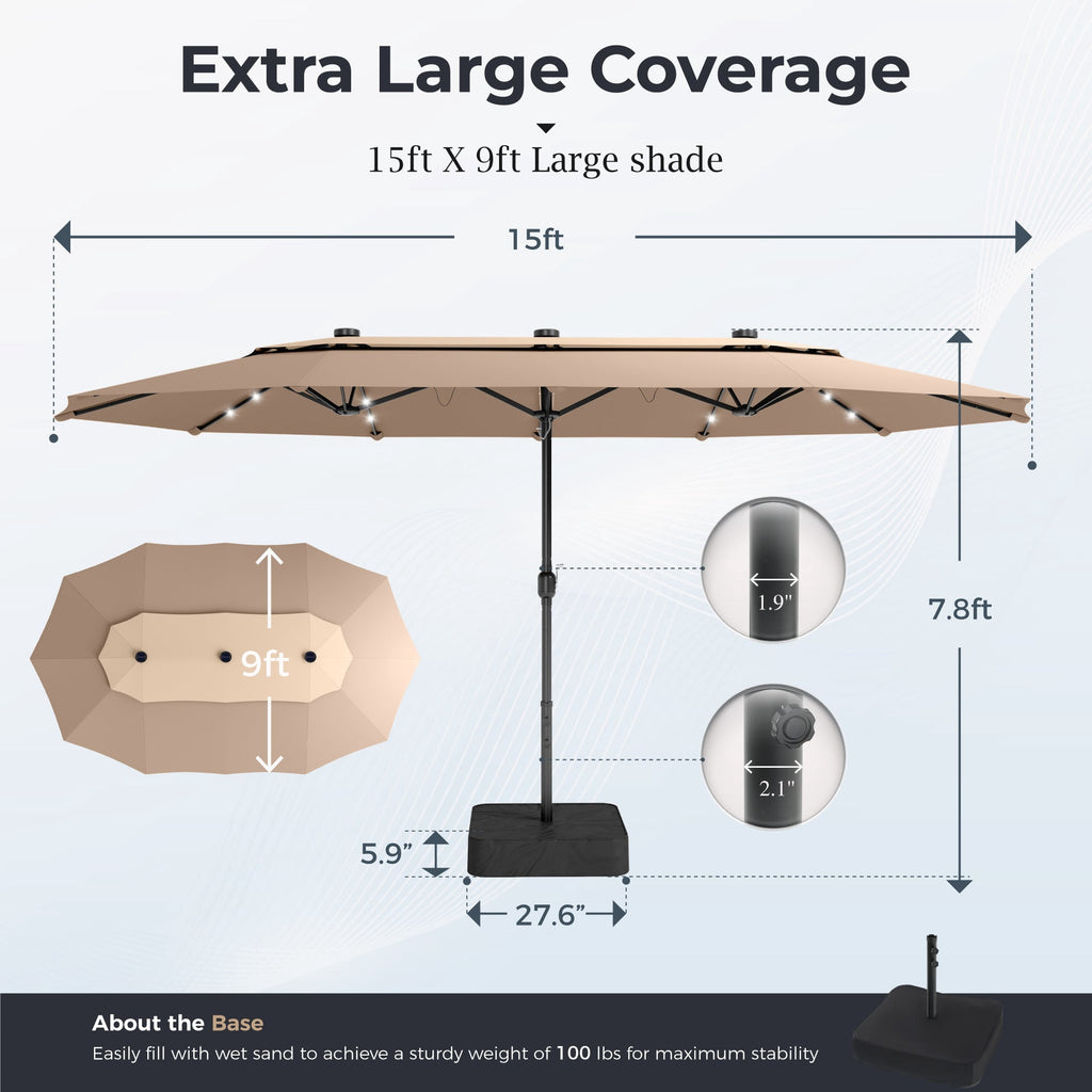Alpha Joy 15ft Dual-Layer Extra Large Outdoor Patio Umbrella Double-Sided Ventilation Umbrella with Led Lights & Umbrella Base, Beige