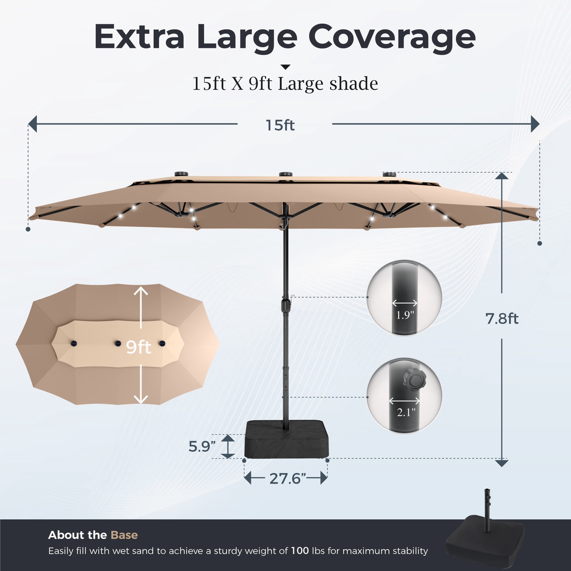 Alpha Joy 15ft Dual-Layer Extra Large Outdoor Patio Umbrella Double-Sided Ventilation Umbrella with Led Lights & Umbrella Base, Beige