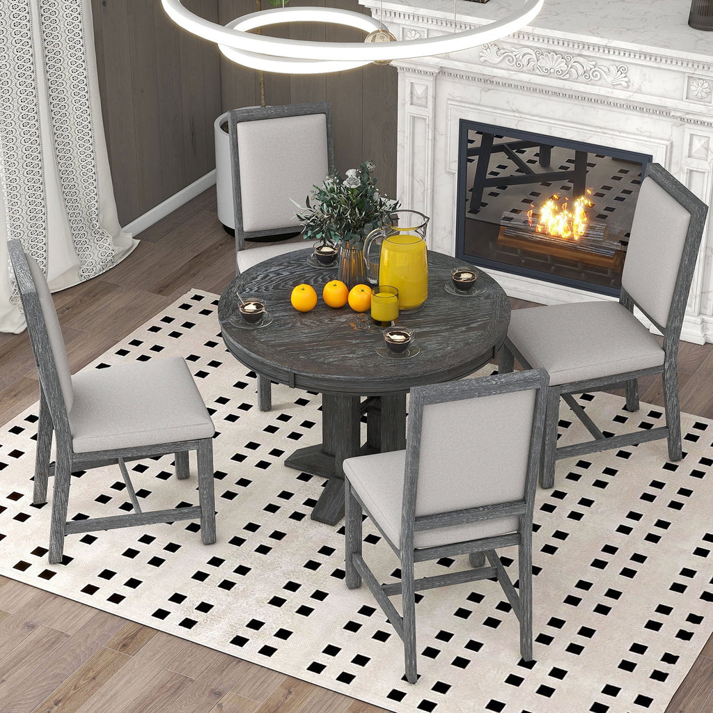 Harper & Bright Designs Farmhouse 5 Piece Kitchen Dining Table Set for 4, Solid Wood Extendable Round Dining Table Set and 4 Upholstered Chairs, Retro Dining Set for Kitchen, Natural Wood Wash