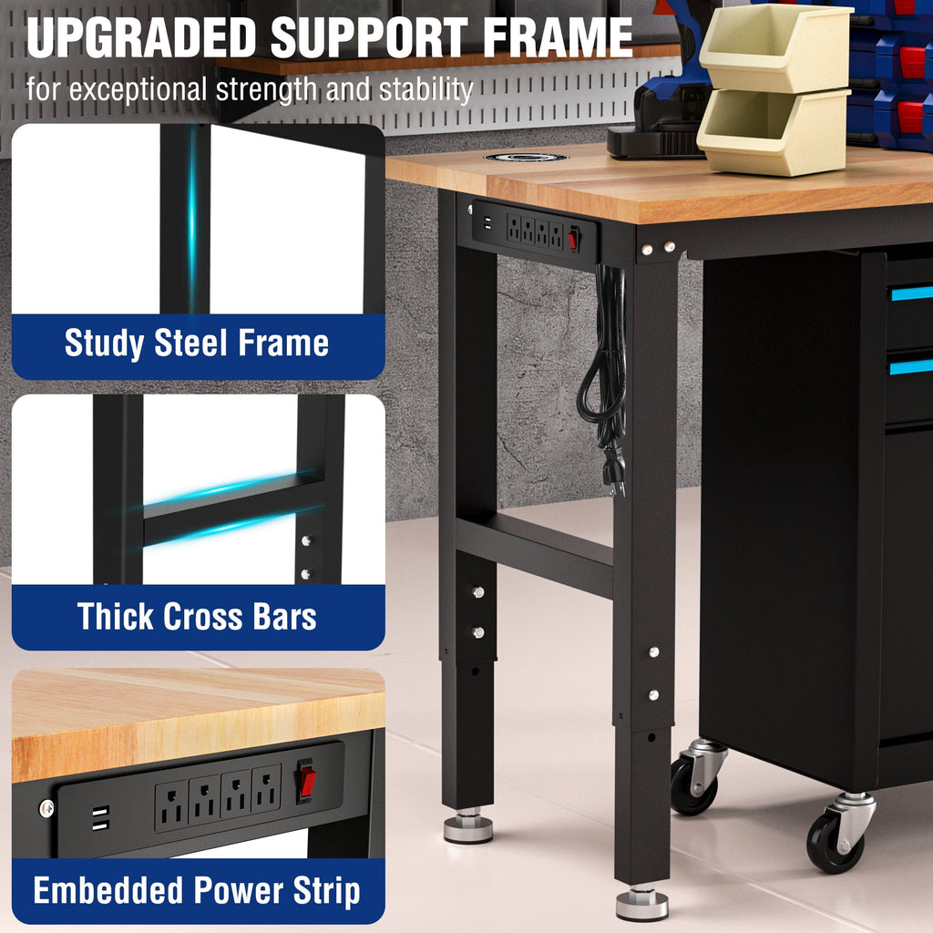 WORKPRO 60” x 24 Adjustable Workbench 1500 LBS Load Capacity Hardwood Worktable with Power Outlets, Leveling Foot