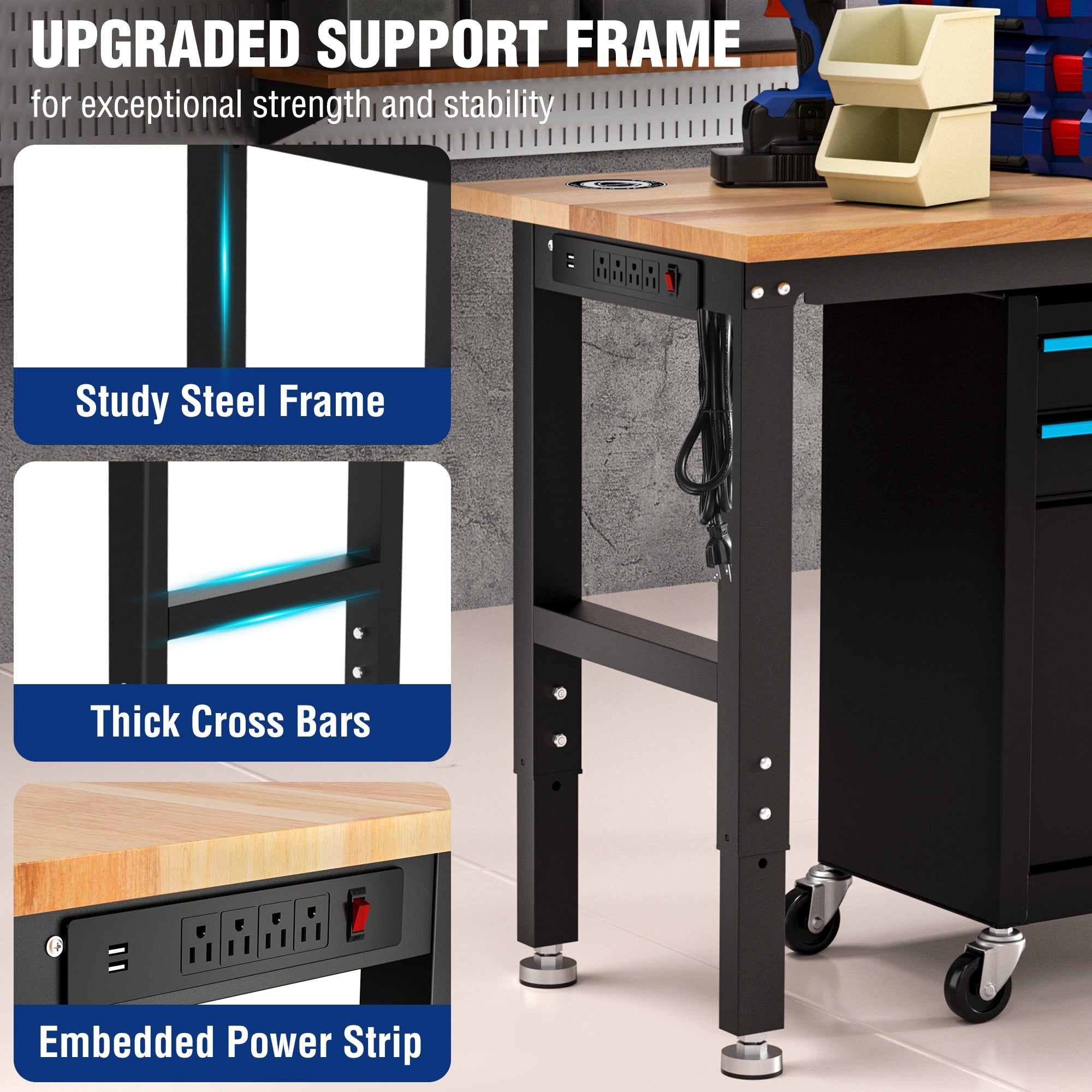 WORKPRO 60” x 24 Adjustable Workbench 1500 LBS Load Capacity Hardwood Worktable with Power Outlets, Leveling Foot