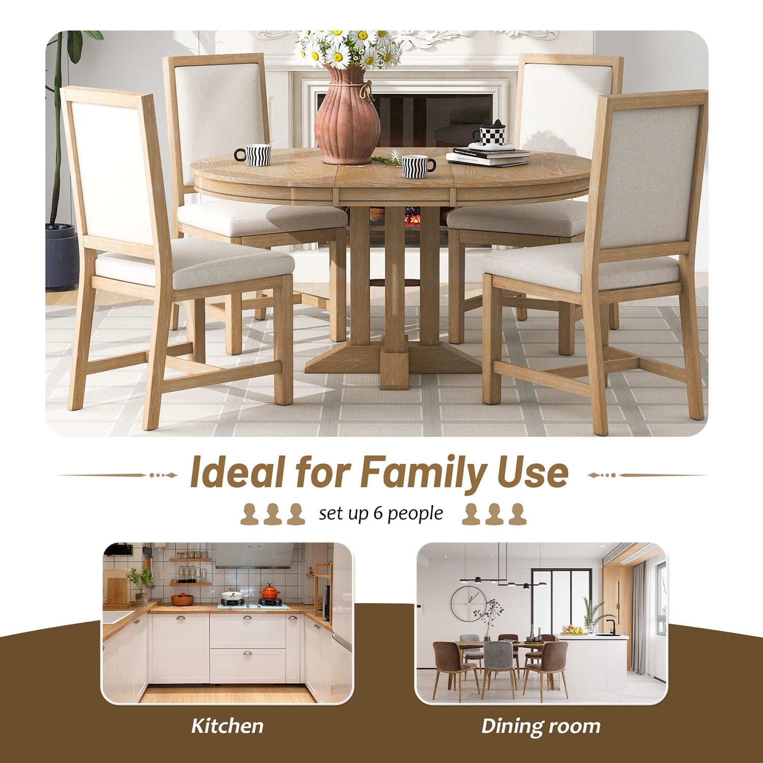 Harper & Bright Designs Farmhouse 5 Piece Kitchen Dining Table Set for 4, Solid Wood Extendable Round Dining Table Set and 4 Upholstered Chairs, Retro Dining Set for Kitchen, Natural Wood Wash