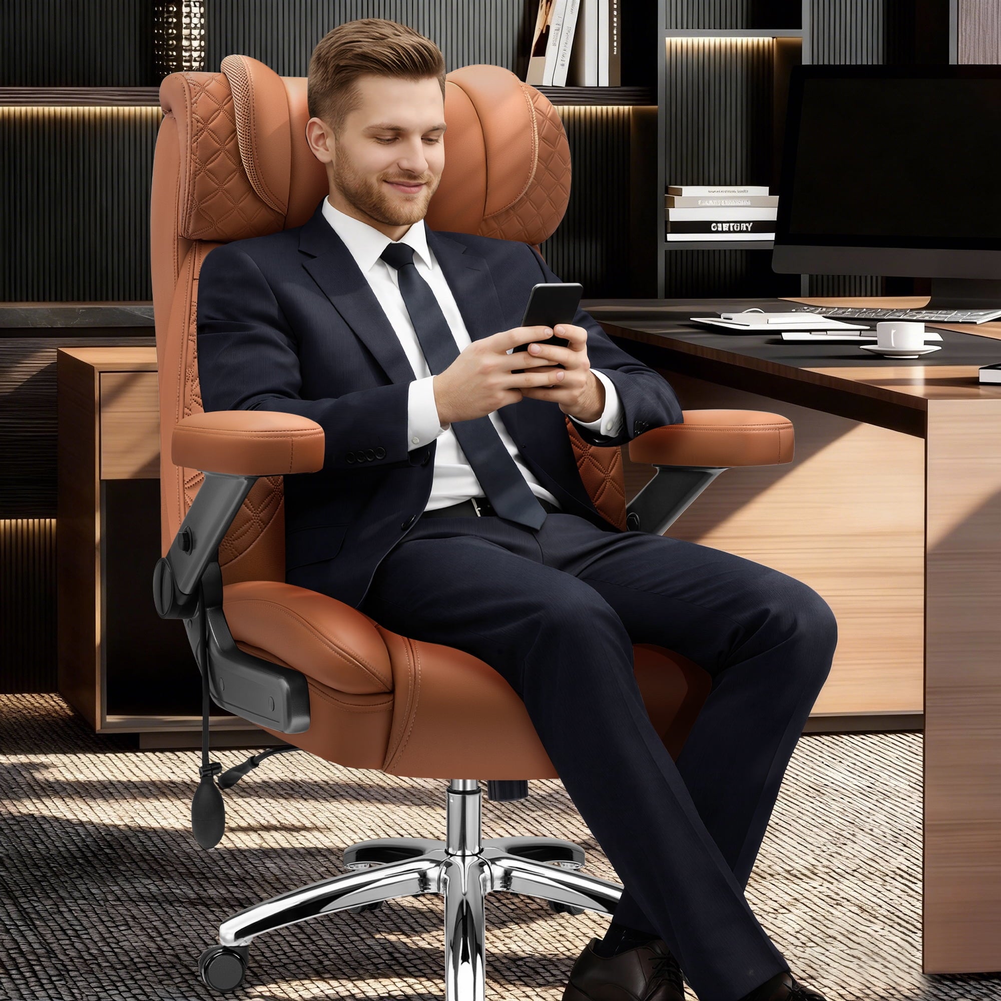 FASTES Leather Office Chair Big and Tall Desk Office Chair, 500lbs Computer Chair Ergonomic Extra Wide Gaming Chair with Adjustable Lumbar Support 5D Flip Arms, Black