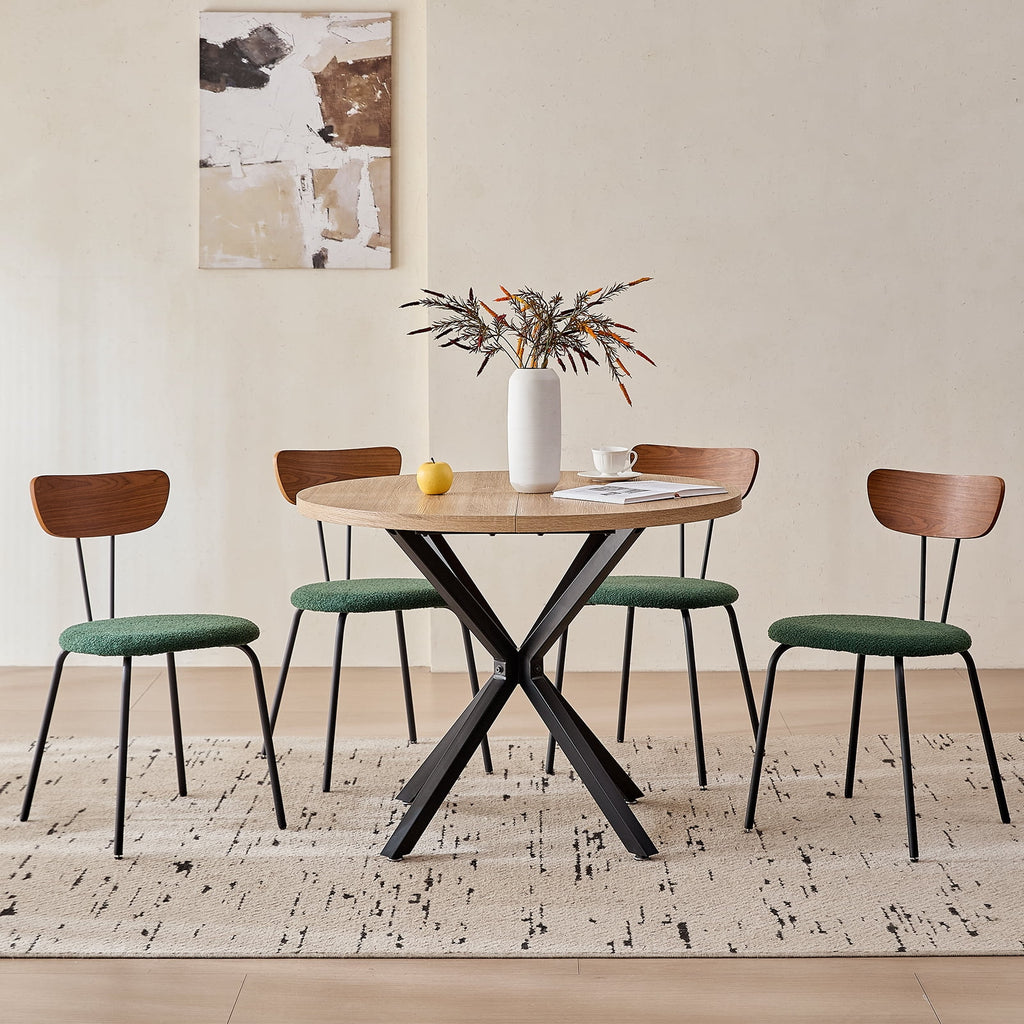 5 Piece 39 Round Dining Table Set for 4, Mid Century Kitchen Table with 4 Khaki Fabric Upholstered Dining Chairs for Apartment Living Room, Space Saving Table.