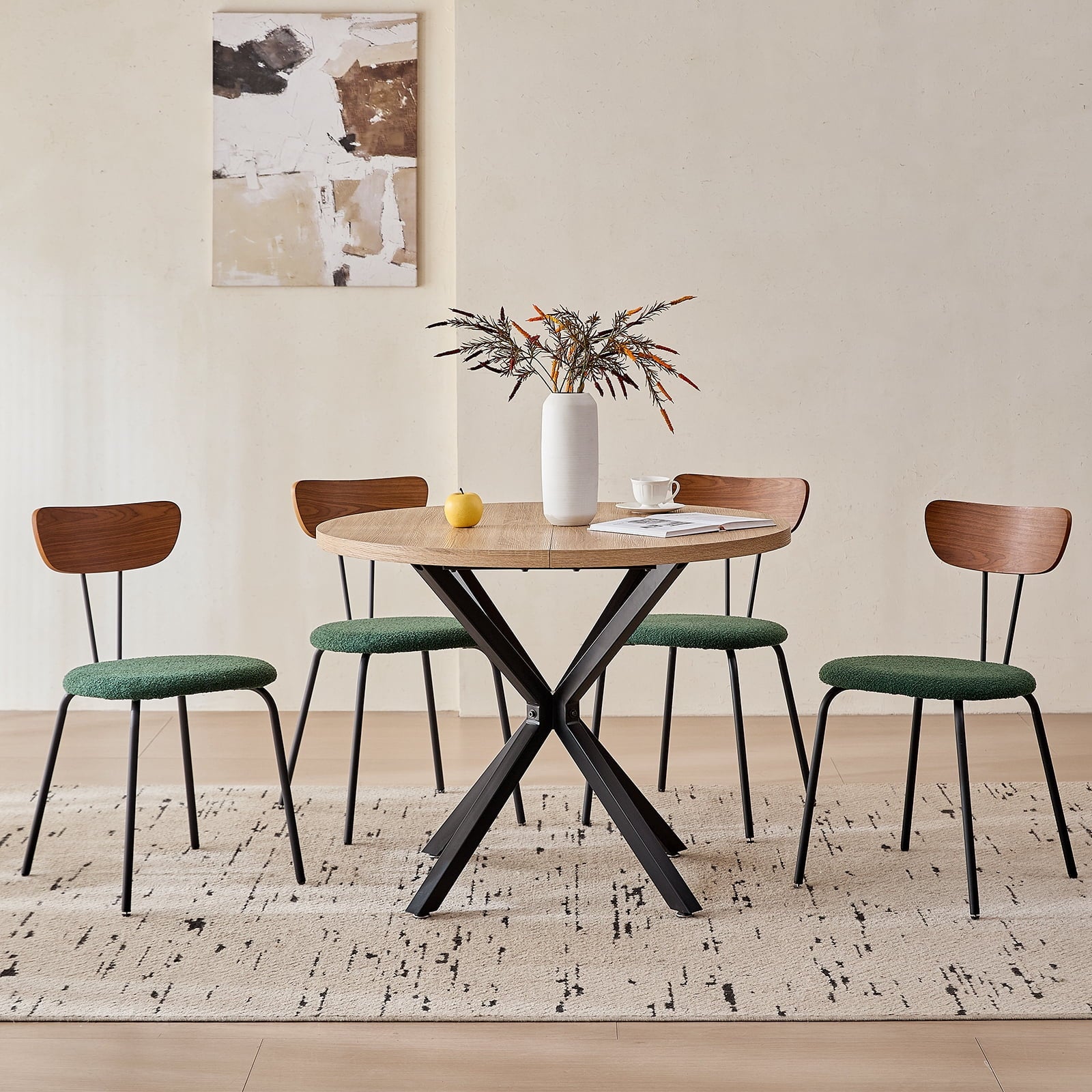 5 Piece 39 Round Dining Table Set for 4, Mid Century Kitchen Table with 4 Khaki Fabric Upholstered Dining Chairs for Apartment Living Room, Space Saving Table.