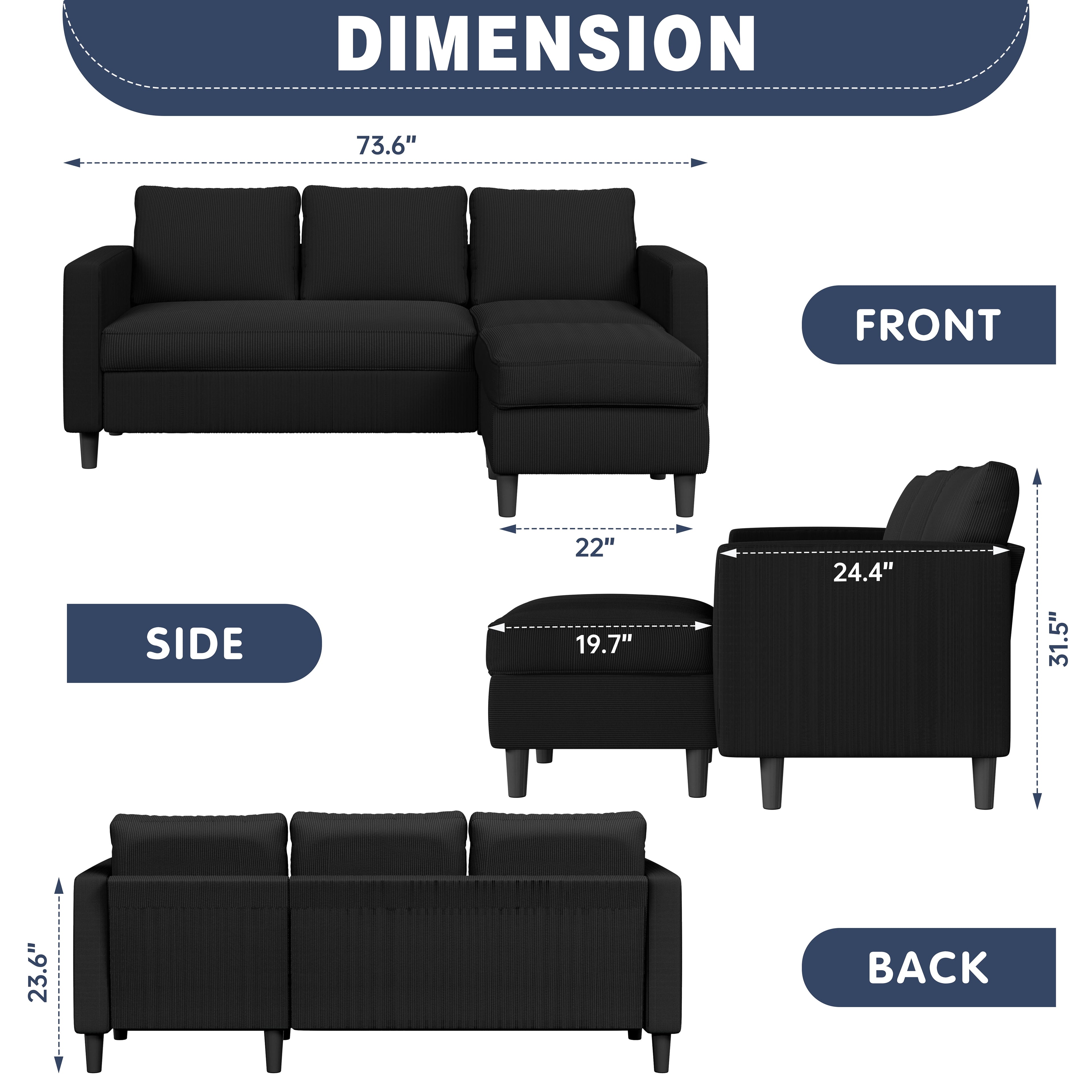 Walsunny 73.6 Convertible Sectional Sofa Couch, L-Shaped 3-Seat Sofa Couch with Reversible Chaise for Small Space,Dark Gray