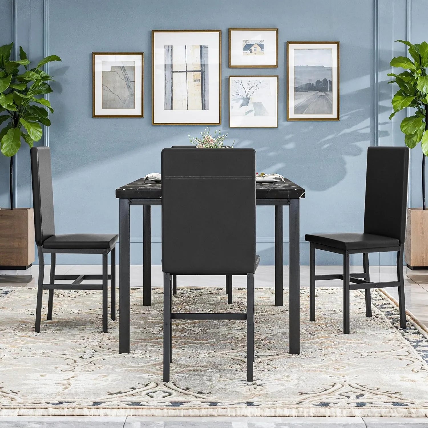 MOOSENG Dining Table Set for 4, Faux Marble Kitchen Table and Chairs Set of 4, 5-Piece Dining Room Set with PU Leather Upholstered Chairs for Small Space, Gray
