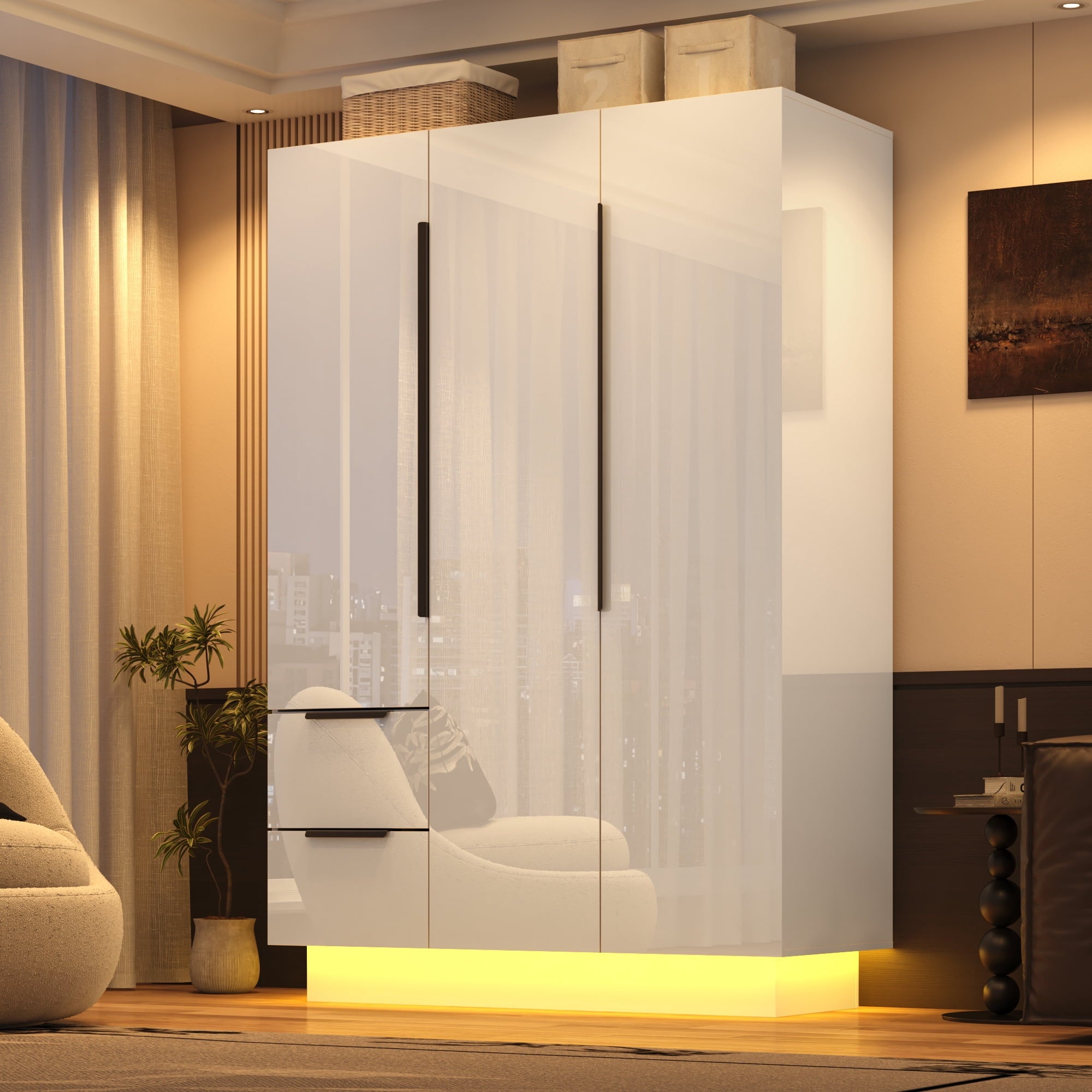 ANPOO 3 Door Wardrobe Closet with 2 Drawers & Mirror, 70H High Gloss LED Wardrobe Armoire with Hanging Rod, Wooden Large Freestanding Storage Wardrobe for Bedroom, High Gloss White Armoire