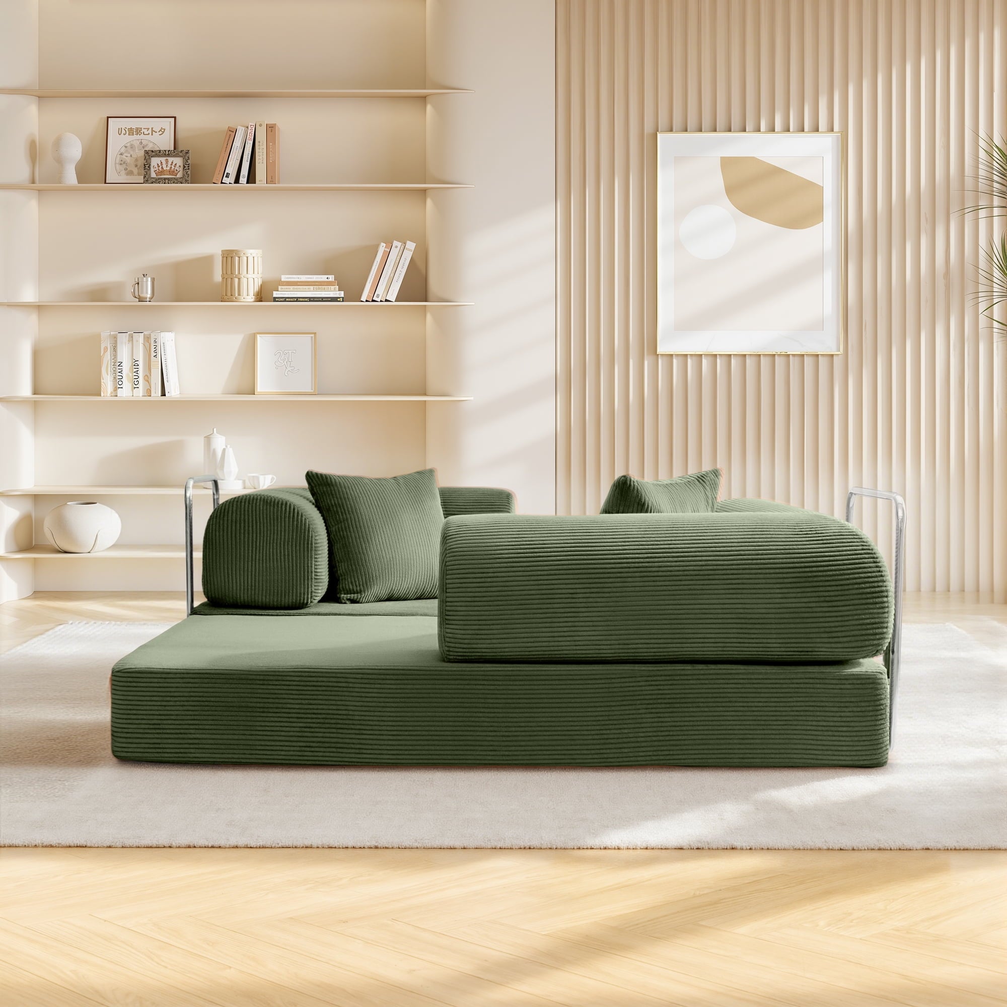 COOLHUT 63 W Combination Sofa, High Rebound Density Foam Sofa Couch, Two Forms Floor Couch Three Seats Sofa Bed for Living Room, Bedroom, Green