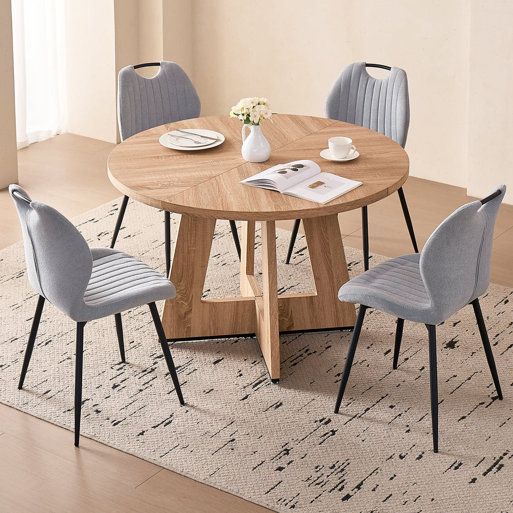 5 Piece 47'' Round Dining Table Chairs Set for 4, Farmhouse Oak Kitchen Table with 4 Boucle Mid Century Modern Dinning Room Chairs, Wood Dinner Table &Upholstered Chair Set of 4, Beige