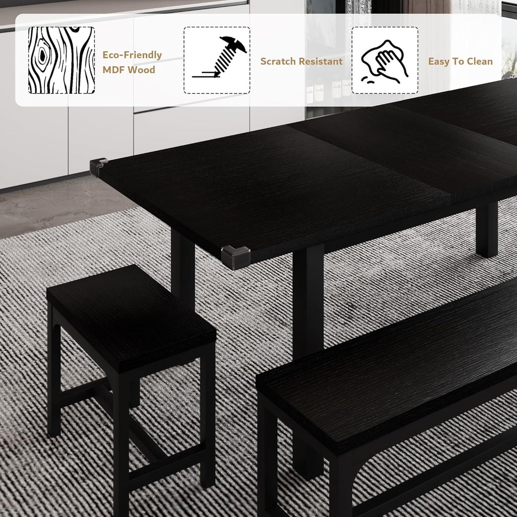iPormis 5-Piece Dining Table Set for 4-8 People, Extendable Kitchen Table Set with 2 Benches and 2 Square Stools, Espresso