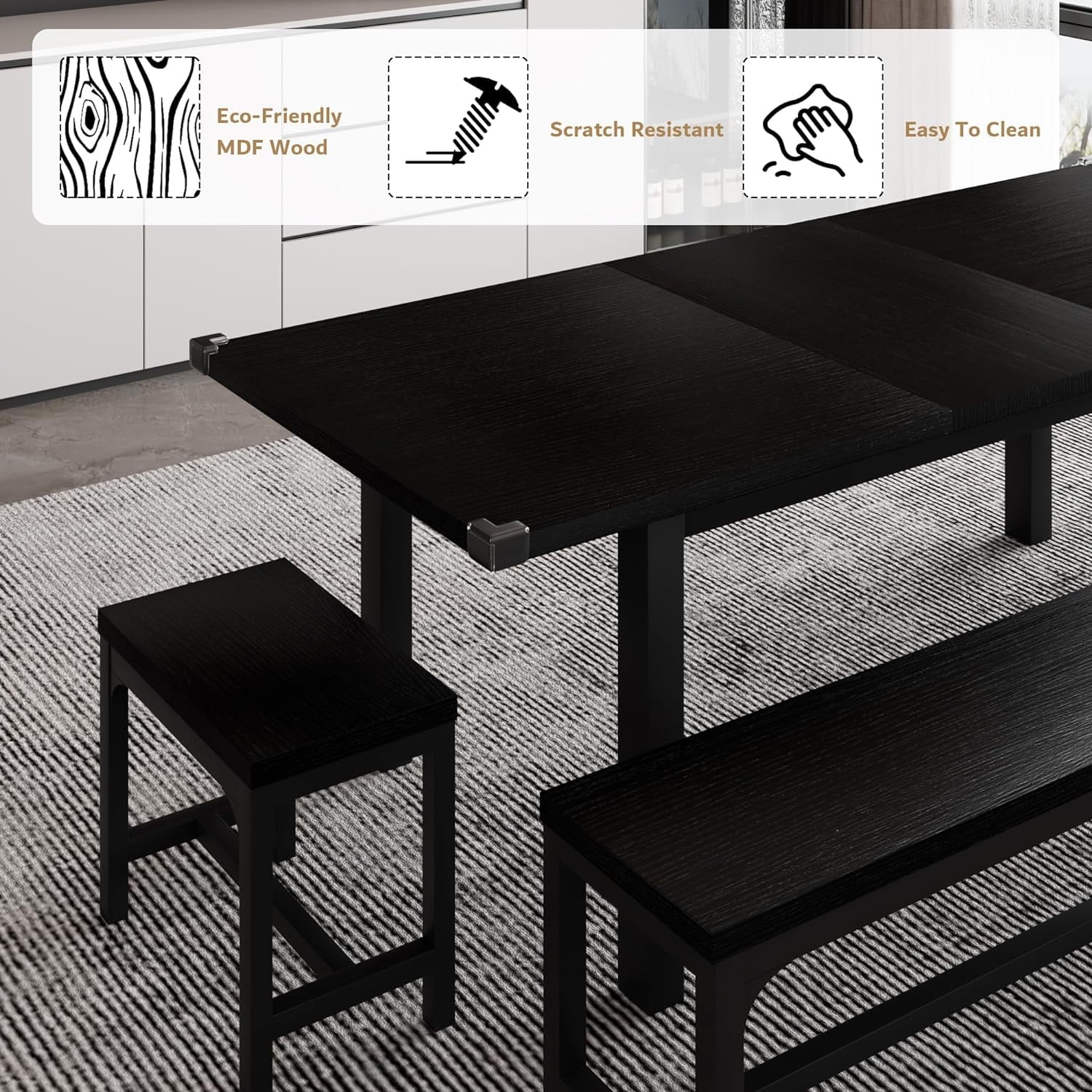 iPormis 5-Piece Dining Table Set for 4-8 People, Extendable Kitchen Table Set with 2 Benches and 2 Square Stools, Espresso