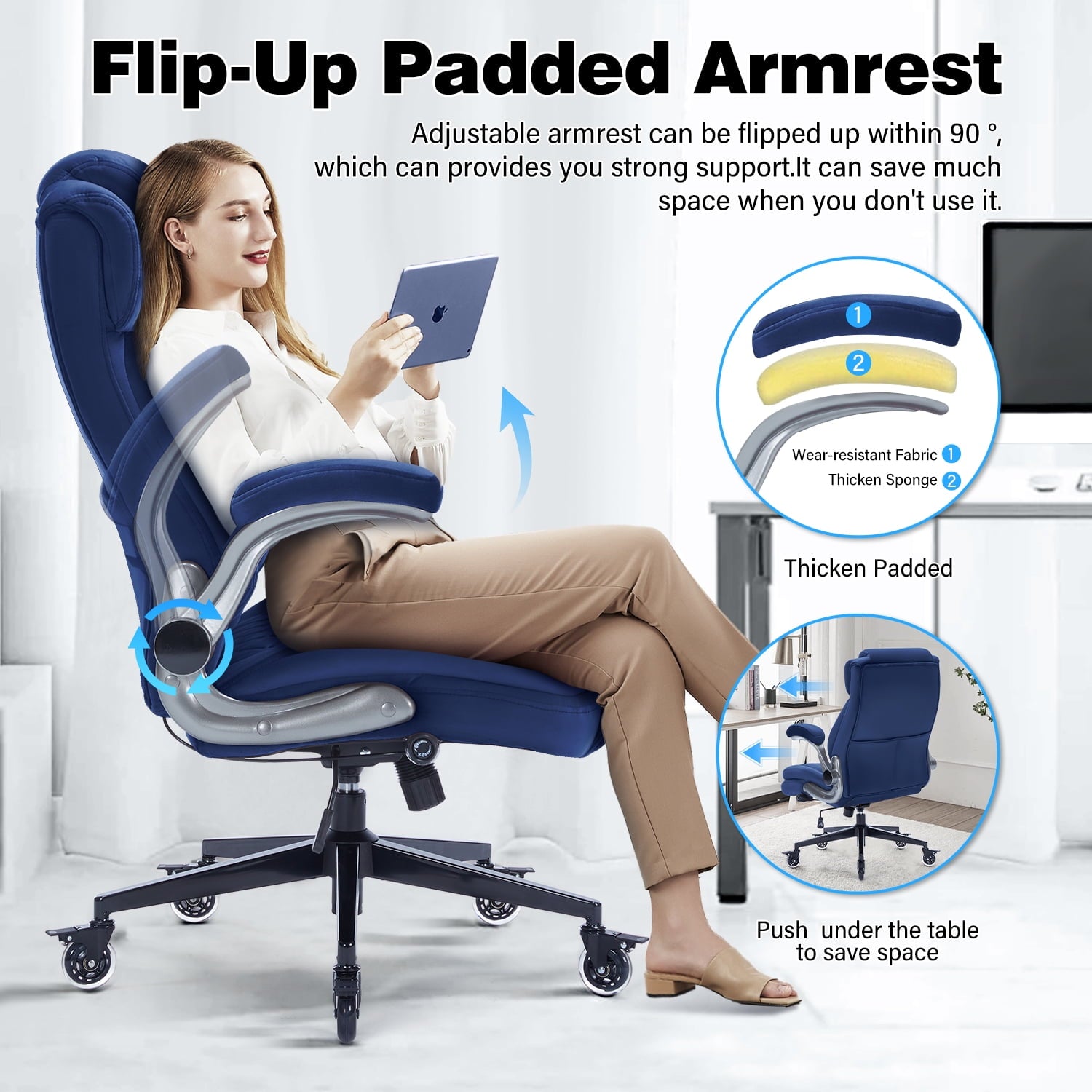 High Back Office Chair with Lockable Wheels, 400lbs Large Fabric Executive Desk Chair, Adjustable Lumbar Support Flip up Arms, Ergonomic Home Office Computer Chair with Storage Pocket, Black