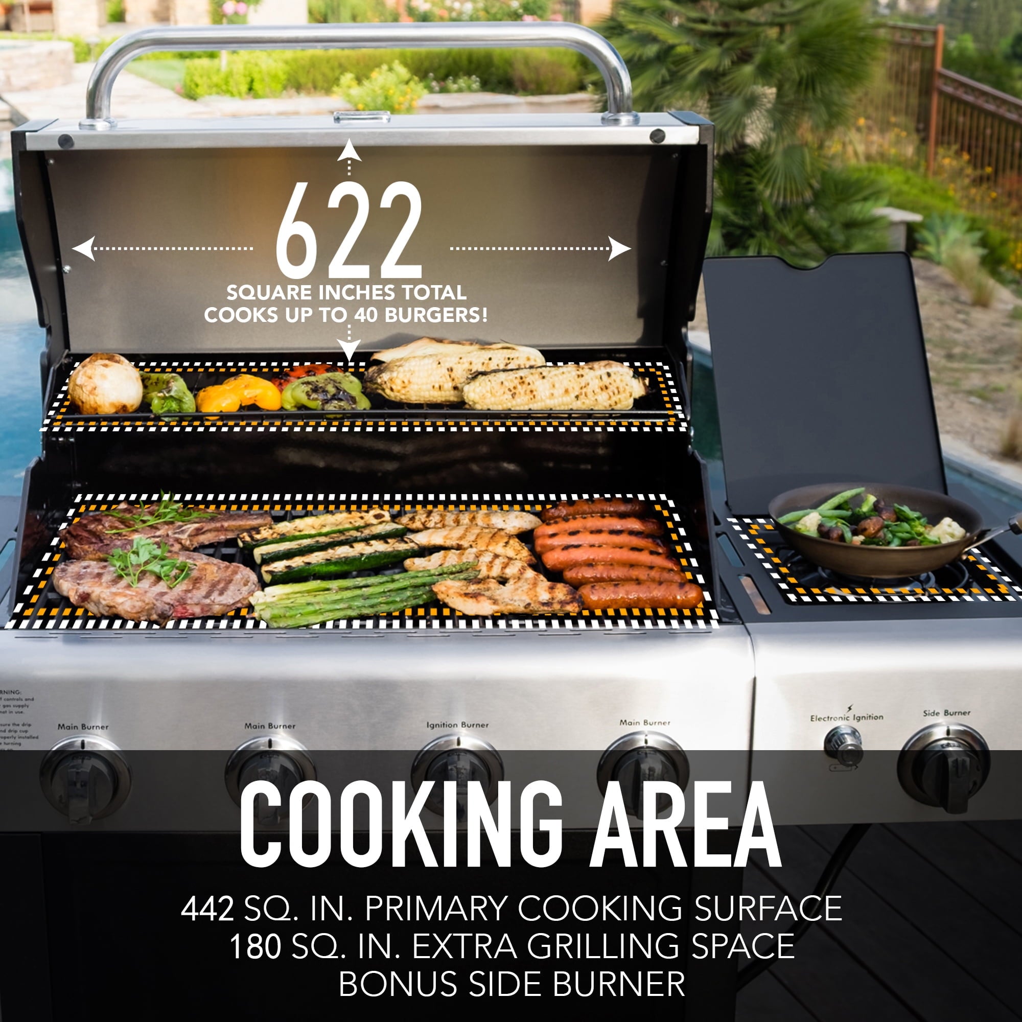 Kenmore 4-Burner Outdoor Propane Gas Grill with Side Burner, Open Cart, Stainless Steel