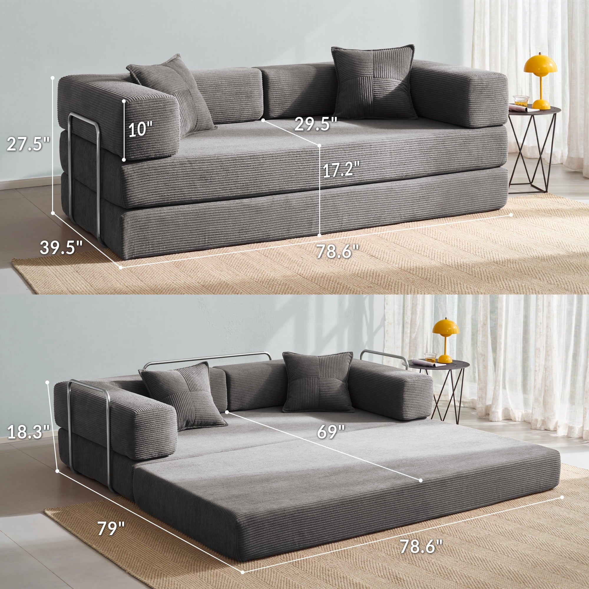 YINIX 78,6 Convertible Sofa Couch with 2 Pillows, Sleeper Sofa Bed for Living Room, Small Spaces, Orange