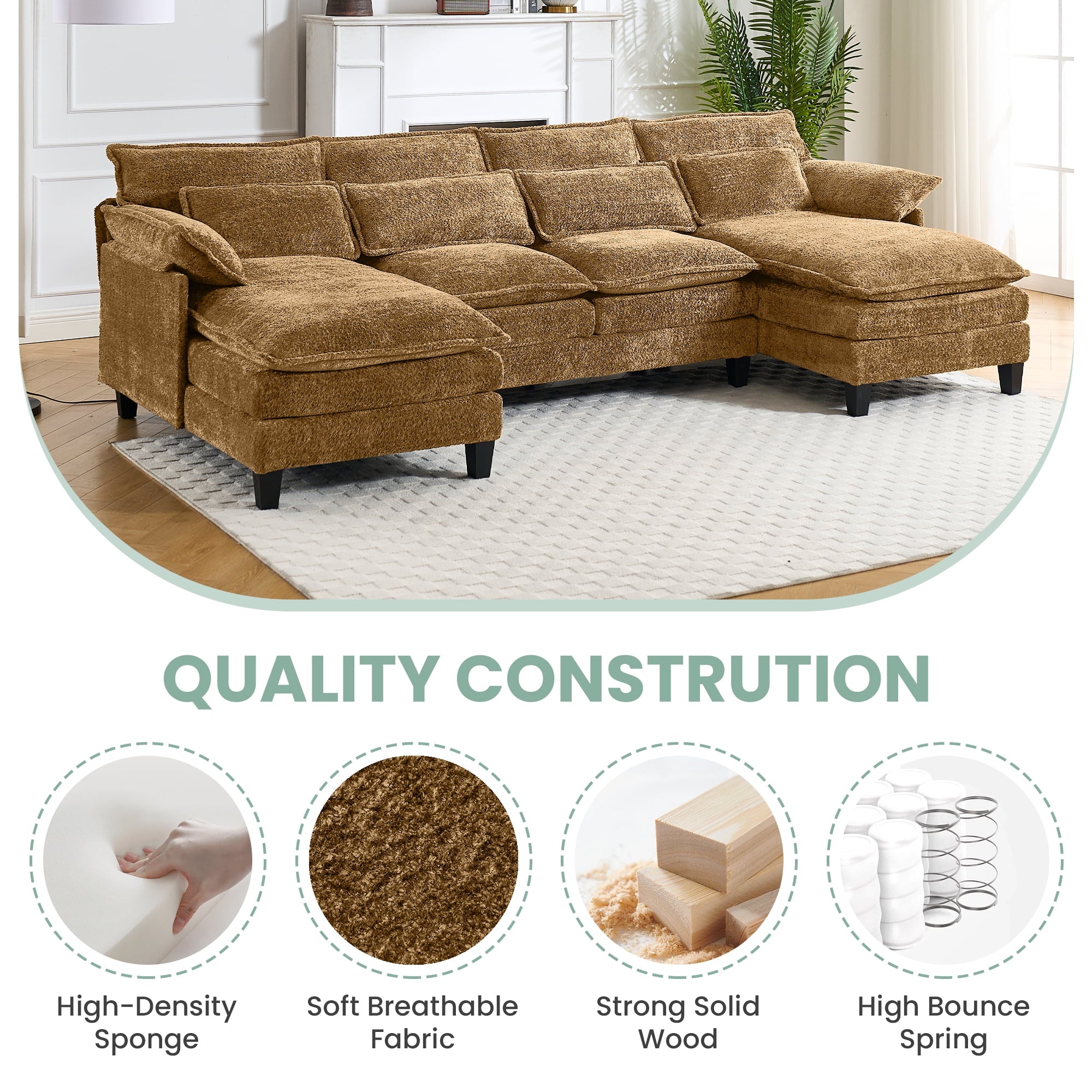 JONPONY109.45 U Shaped Couch,Oversized 4 Seat Sectional with 4 Waist Pillows, Convertible Upholstery Symmetrical Sofá,Sleeper Sofa Couch with Double Chaise Lounge &Memory Foam for Living Room, Beige