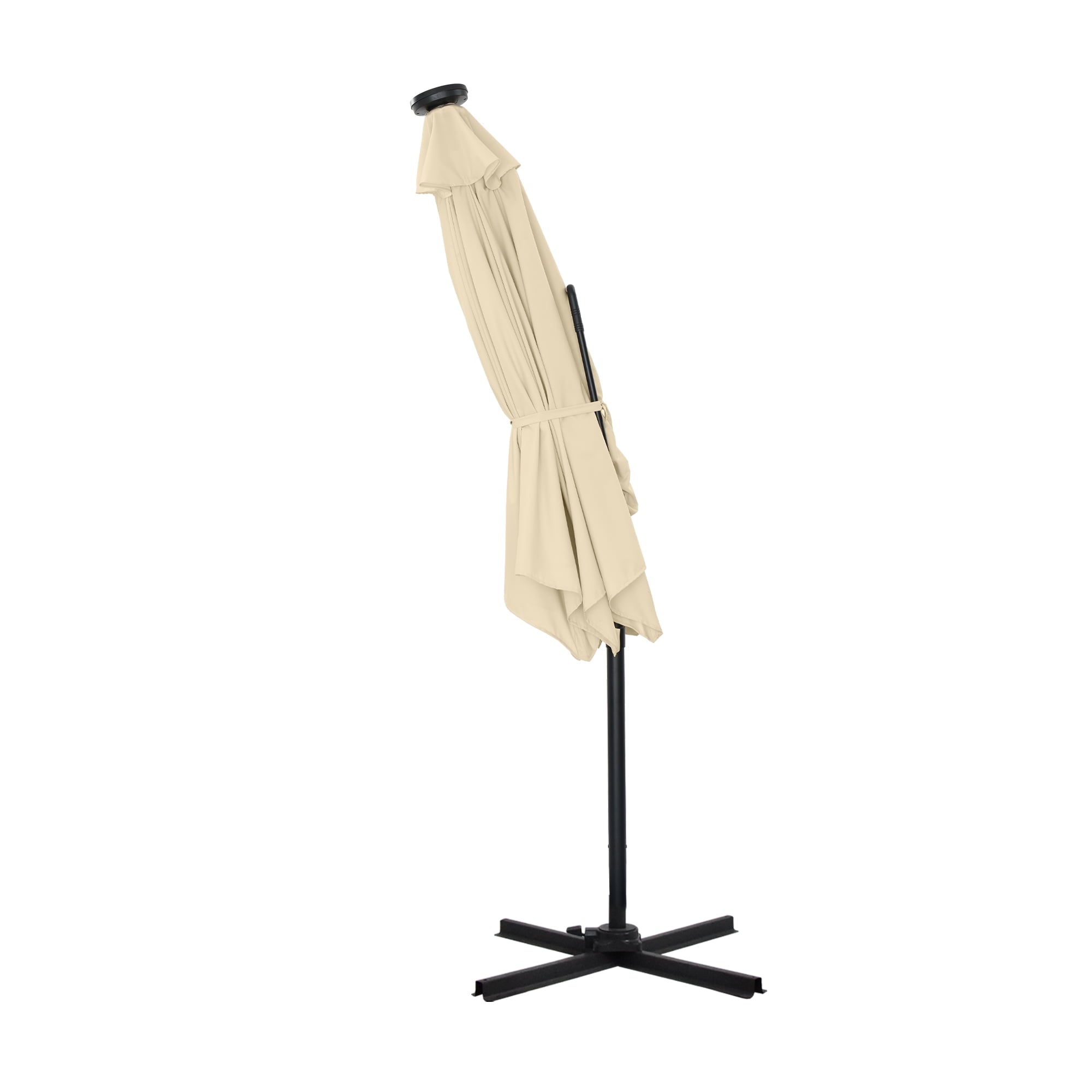 Mondawe 10ft Heavy Duty Solar Patio Umbrella with Base Included, 360° Rotation, 24 LED Lights, Outdoor Hanging Offset Cantilever Market Sun Shade Umbrella, Beige