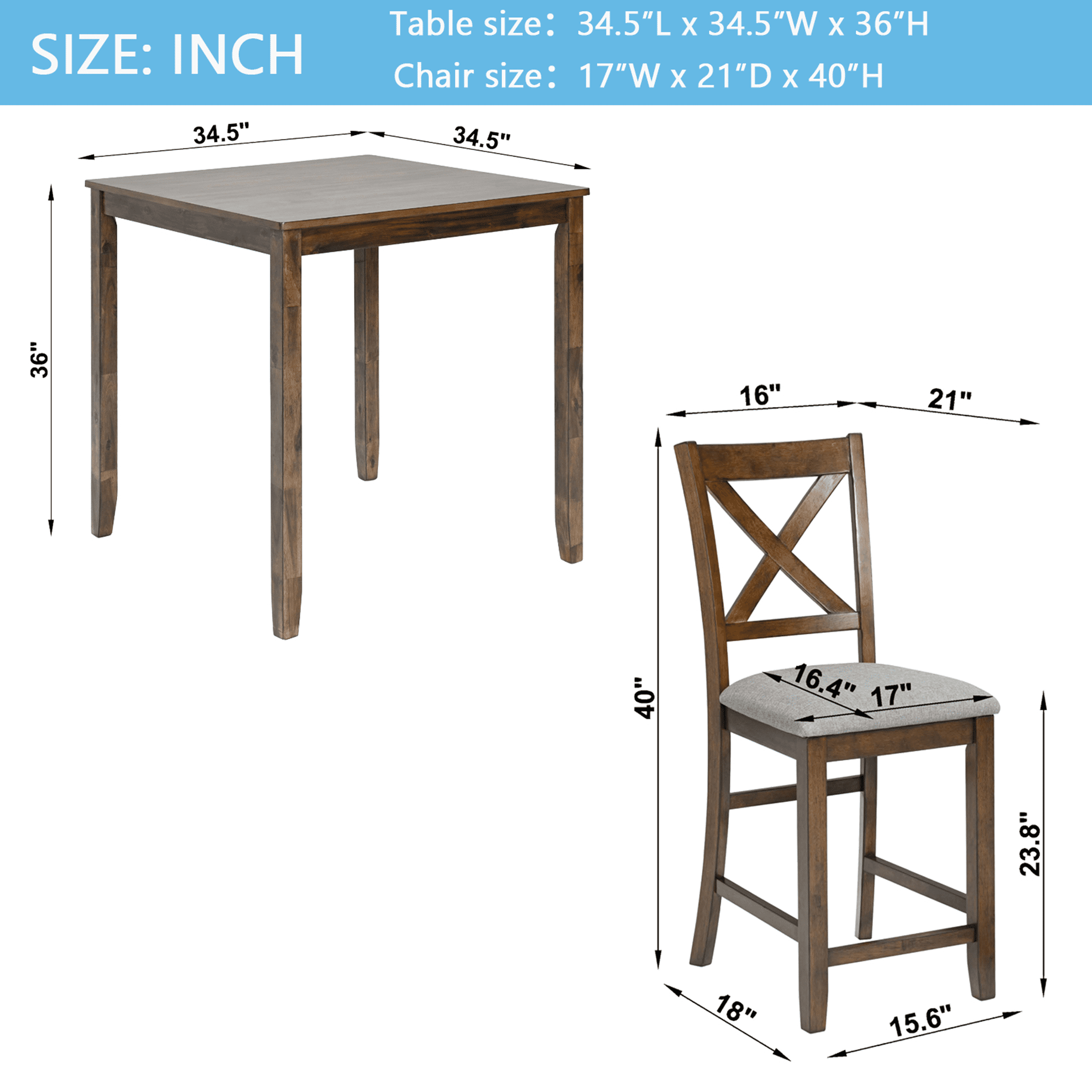 SESSLIFE Dining Table Set for 4, Counter Height Kitchen Table Set with Square Table and 4 Upholstered Chairs, Solid Wood Dining Room Set for 4, Space-Saving, Black & Oak