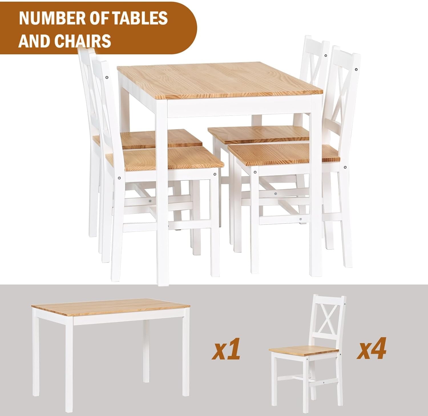 Soges 4-Person Dining Table Set 5 Pieces, Wood Kitchen Table Set with 4 Chairs for Kitchen Dining Room Restaurant, White&Oak