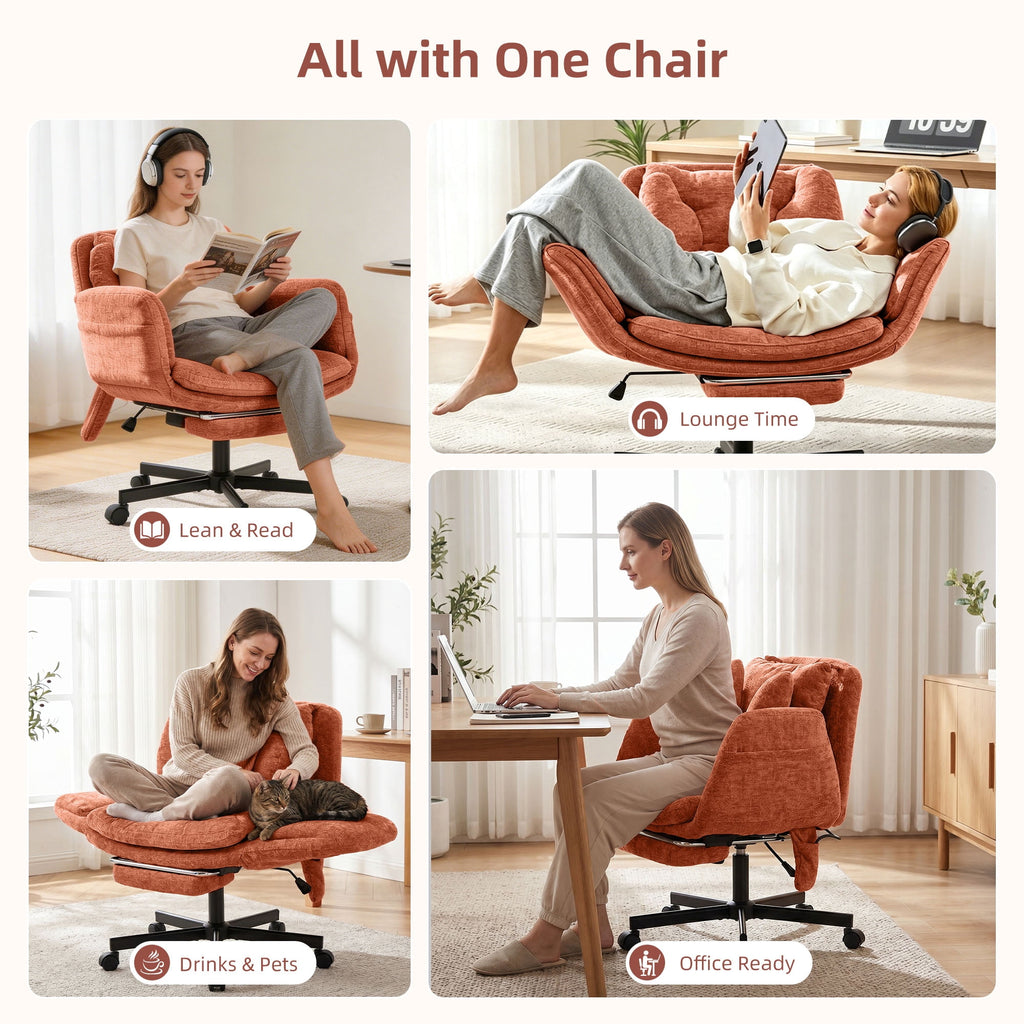 Hforesty Cross Legged Office Chair, Inflatable Flip-up Back & Wide Seat, 5-Position Armrests & Footrest, Ergonomic Task Chair for Home Office, Gray