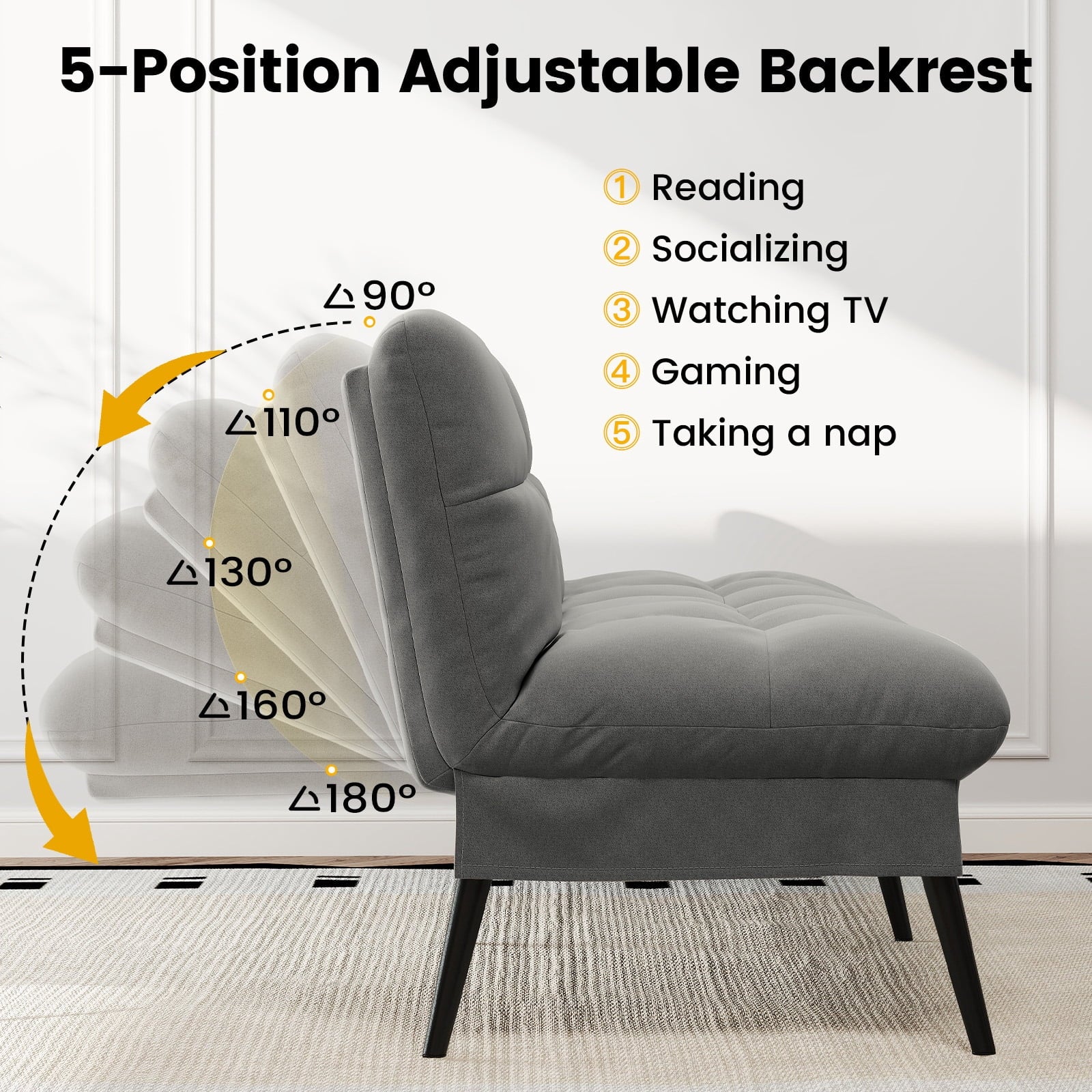 CloudRest Pro 72 Modern Convertible Futon Sofa Bed, Upholstered Futon Couch with 5 Adjustable Backrest Angles,Suitable for Apartment,Living Room,Black