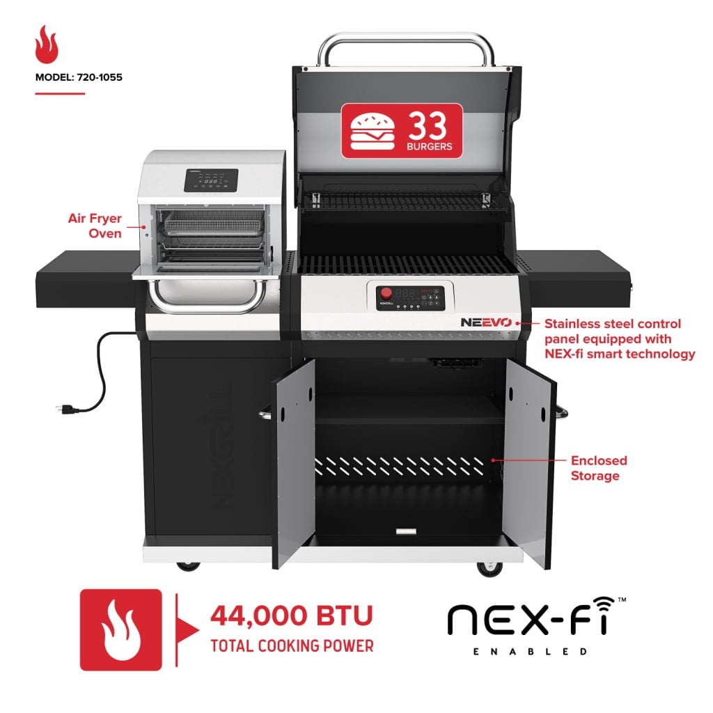Neevo Smart Propane Grill 44,000 BTU, with 2 U Shaped Burners, Outdoor BBQ, Electronic Control, 714 Sq In Cooking Space, Cast Iron Grates, App Connected – 720-1054 