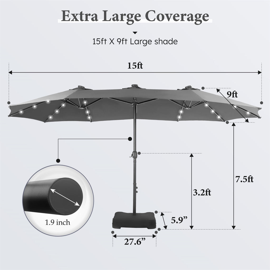 SUMMIT LIVING 15 FT Double-Sided Solar Patio Umbrella with Base Large Outdoor Umbrella with LED Solar Lights - Haze Blue