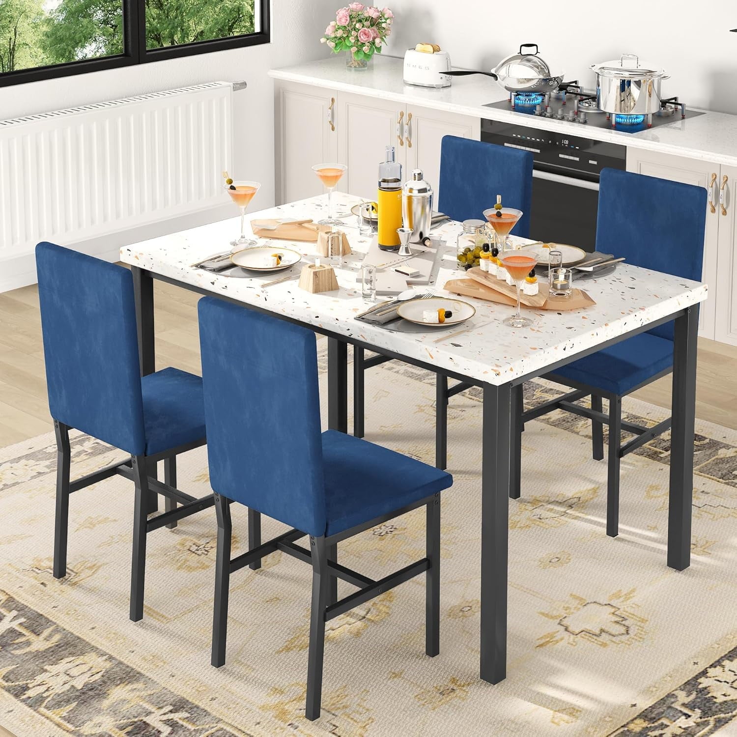 MIERES 5 Piece Dinning Table Sets for 4, Marble Kitchen Table and Chairs for 4,Dining Room Table Set with PU Leather Chairs,Faux Marble Dining Set for Small Spaces,Living Room,White+Brown