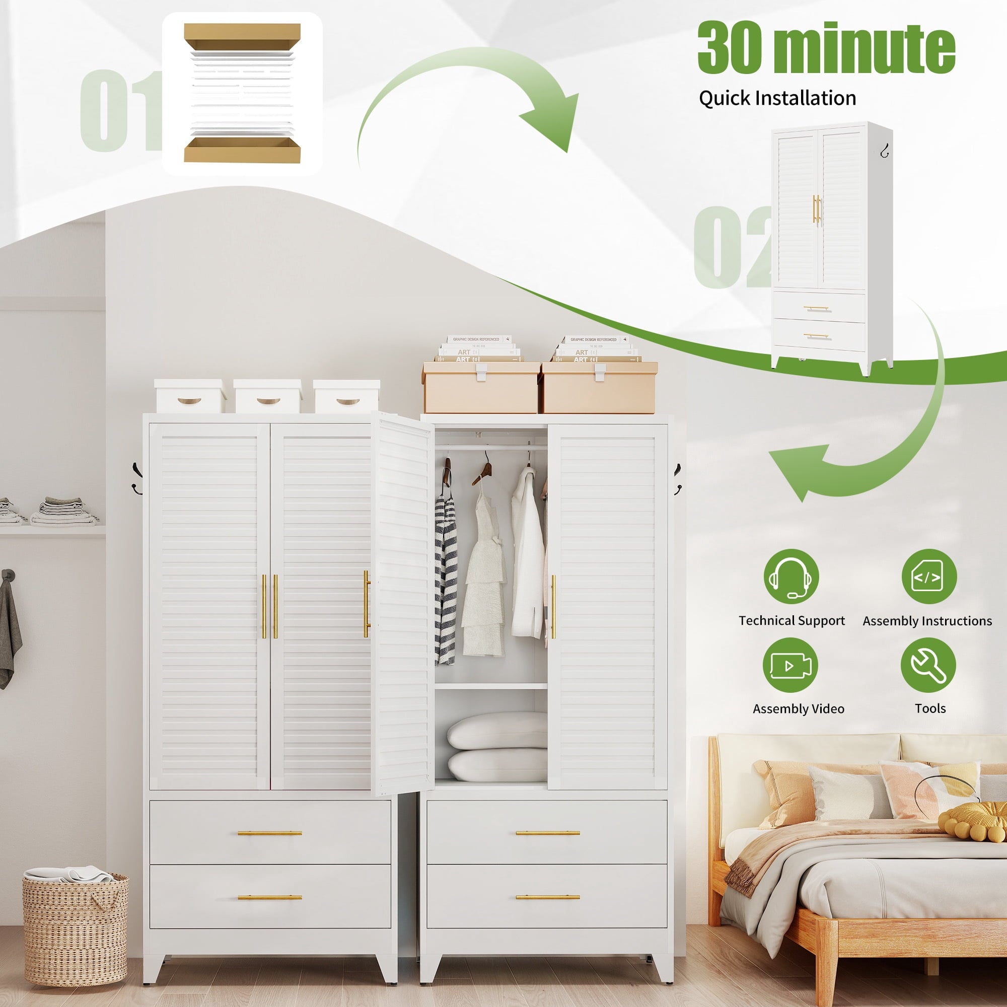 avobird 60 Tall Metal Wardrobe Cabinet with 1 Drawer and Hanging Rod, 2 Doors Wardrobe Closet with Shelf for Bedroom, Beige