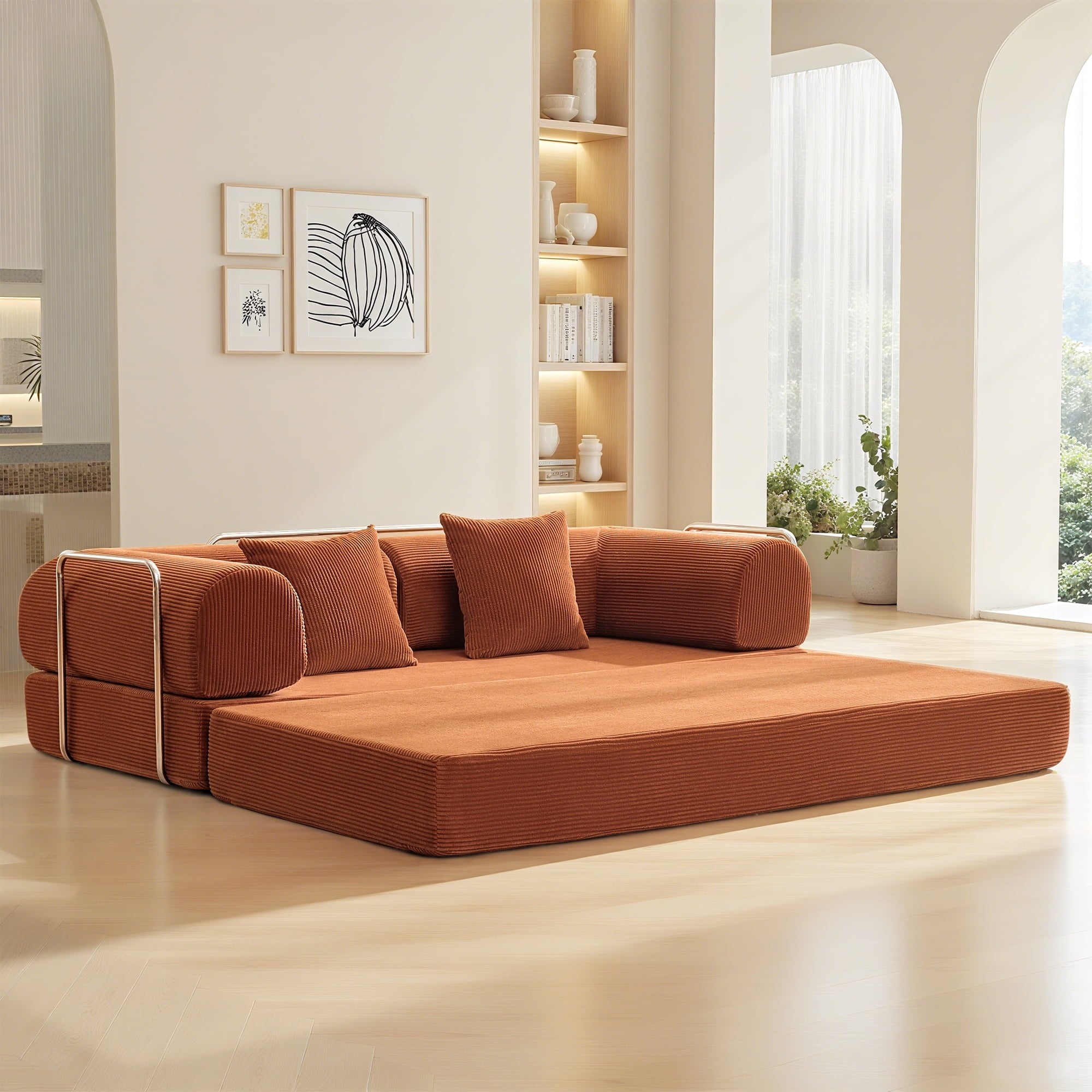 COOLHUT 63 W Combination Sofa, High Rebound Density Foam Sofa Couch, Two Forms Floor Couch Three Seats Sofa Bed for Living Room, Bedroom, Green