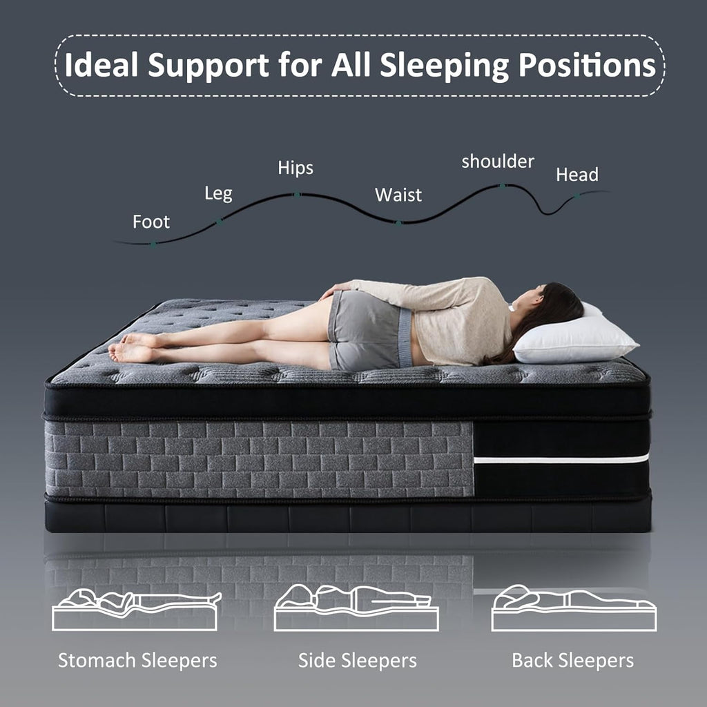 Lodeija 12 Queen Hybrid Mattress,5-Zone Pocket Springs with Motion Isolation,Medium Firm,Fiberglass-Free,Black