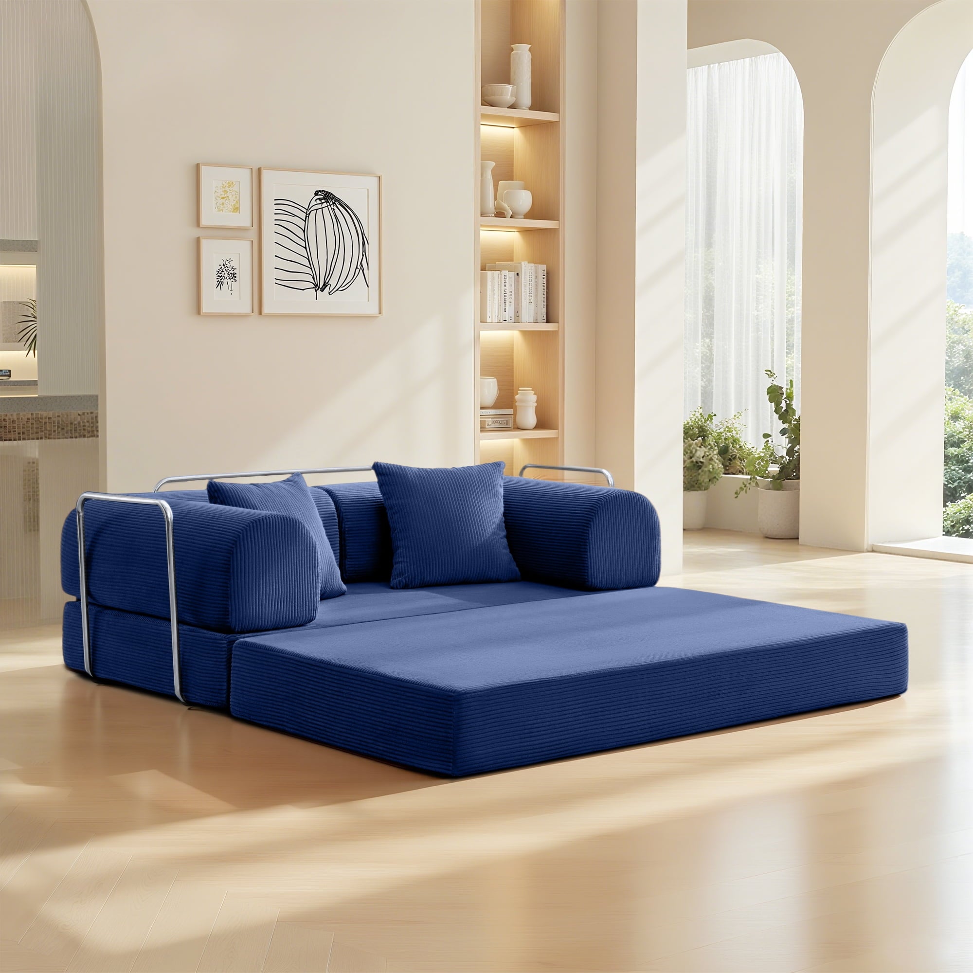 COOLHUT 63 W Combination Sofa, High Rebound Density Foam Sofa Couch, Two Forms Floor Couch Three Seats Sofa Bed for Living Room, Bedroom, Green