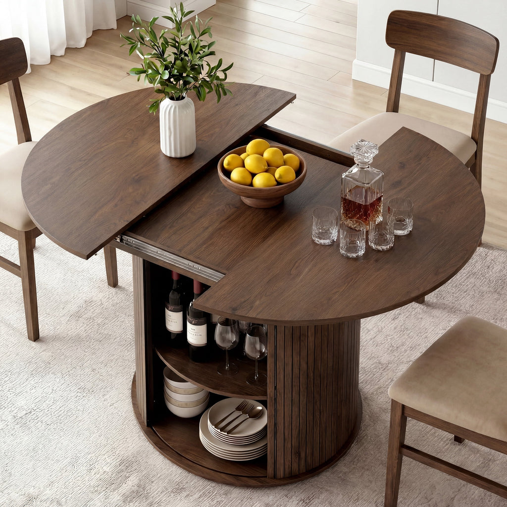 EOP 47″- 63″ Extendable Round Dining Table for 4-6, Wooden Kitchen Table with Hidden Storage and Fluted Sliding Door Cabinet, Modern Space-Saving Table for Dining Room Kitchen, Walnut