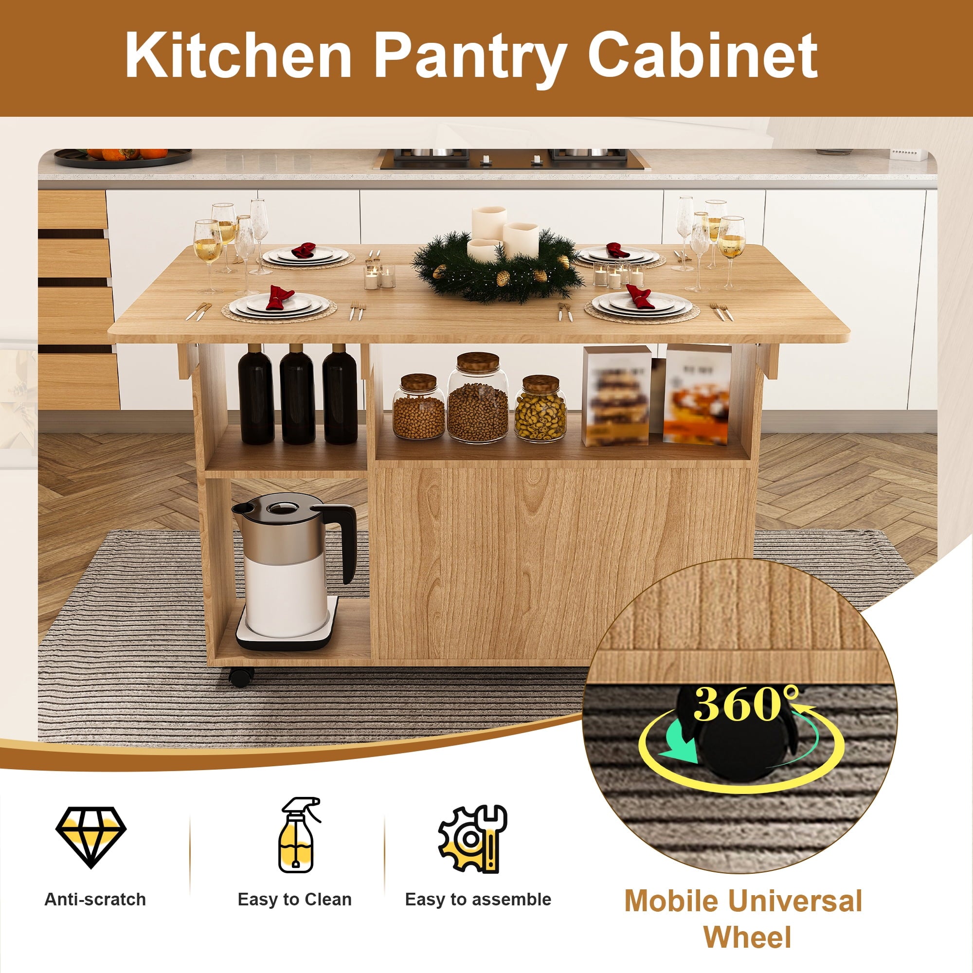 Wohh 47 Inch Folding Dining Table with Storage Shelves & Wheels, Multifunctional Kitchen Desk for Small Spaces, Compact Mobile Computer Desk for Home Office, Dorm, Adjustable Foldable Study Table