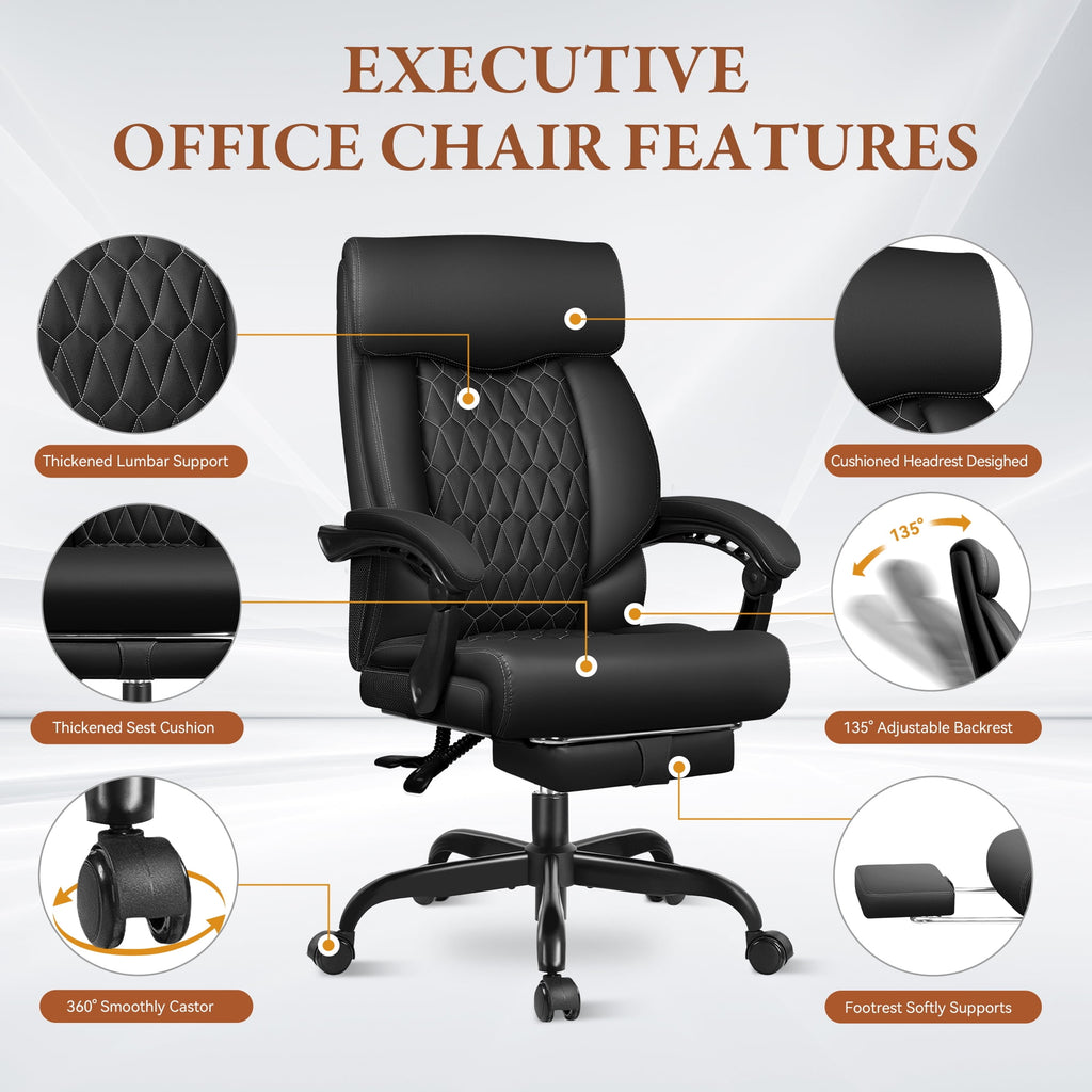 FASTES Executive Office Chair, Ergonomic Desk Chair with Adjustable Armrests, Computer Leather Chair Big and Tall Office Chair with Footrest and Lumbar Support, Brown