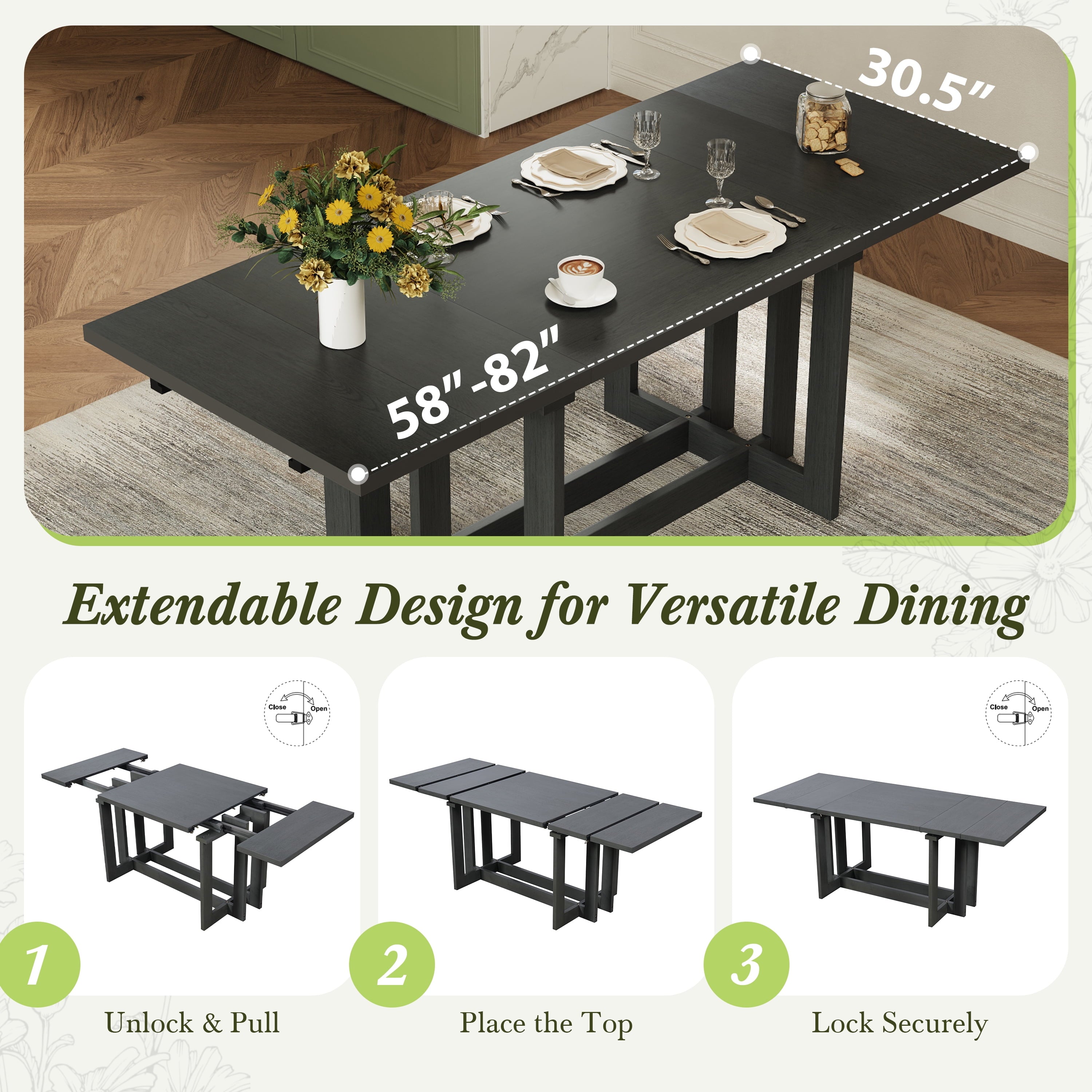 Harper & Bright Designs 7 Pieces Retro Dining Set for 6, Wood Rectangular Table with Designed Trestle Base and 6 Upholstered Chairs for Dining Room and Kitchen, Grey