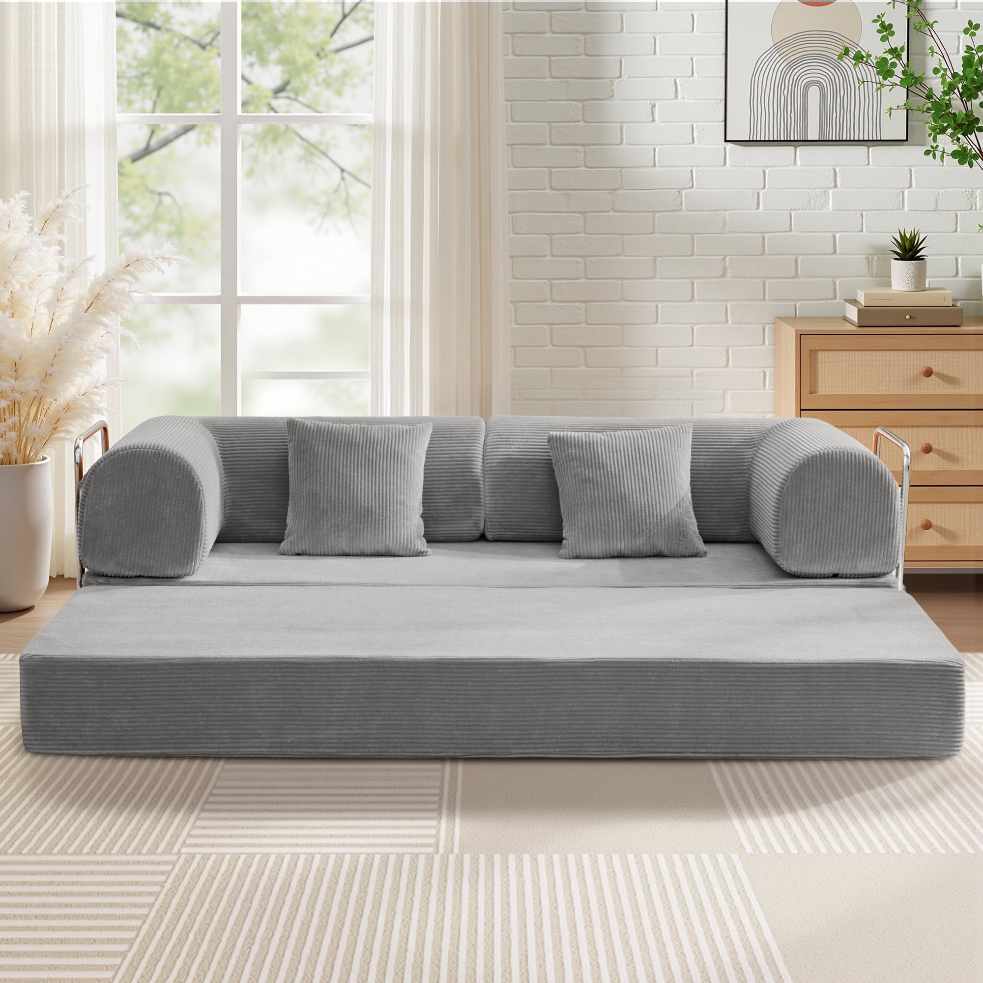 COOLHUT 63 W Combination Sofa, High Rebound Density Foam Sofa Couch, Two Forms Floor Couch Three Seats Sofa Bed for Living Room, Bedroom, Green