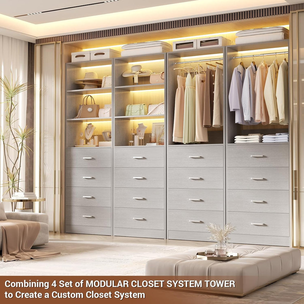 Homieasy 21.3 Inch Freestanding Closet System with 4 Wood Drawers and 3 Shelves for Walk-in Closet, Bedroom, White