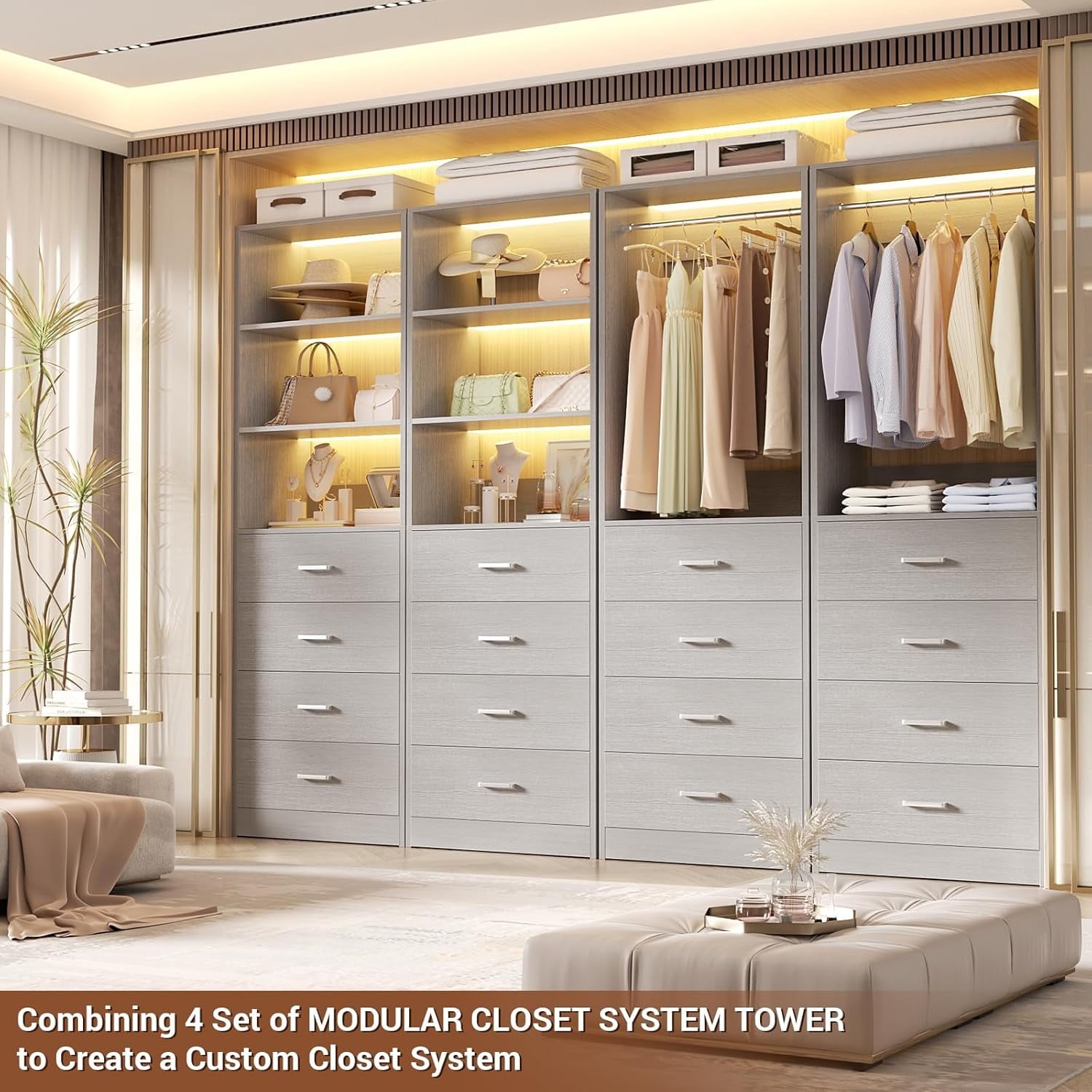Homieasy 21.3 Inch Freestanding Closet System with 4 Wood Drawers and 3 Shelves for Walk-in Closet, Bedroom, White