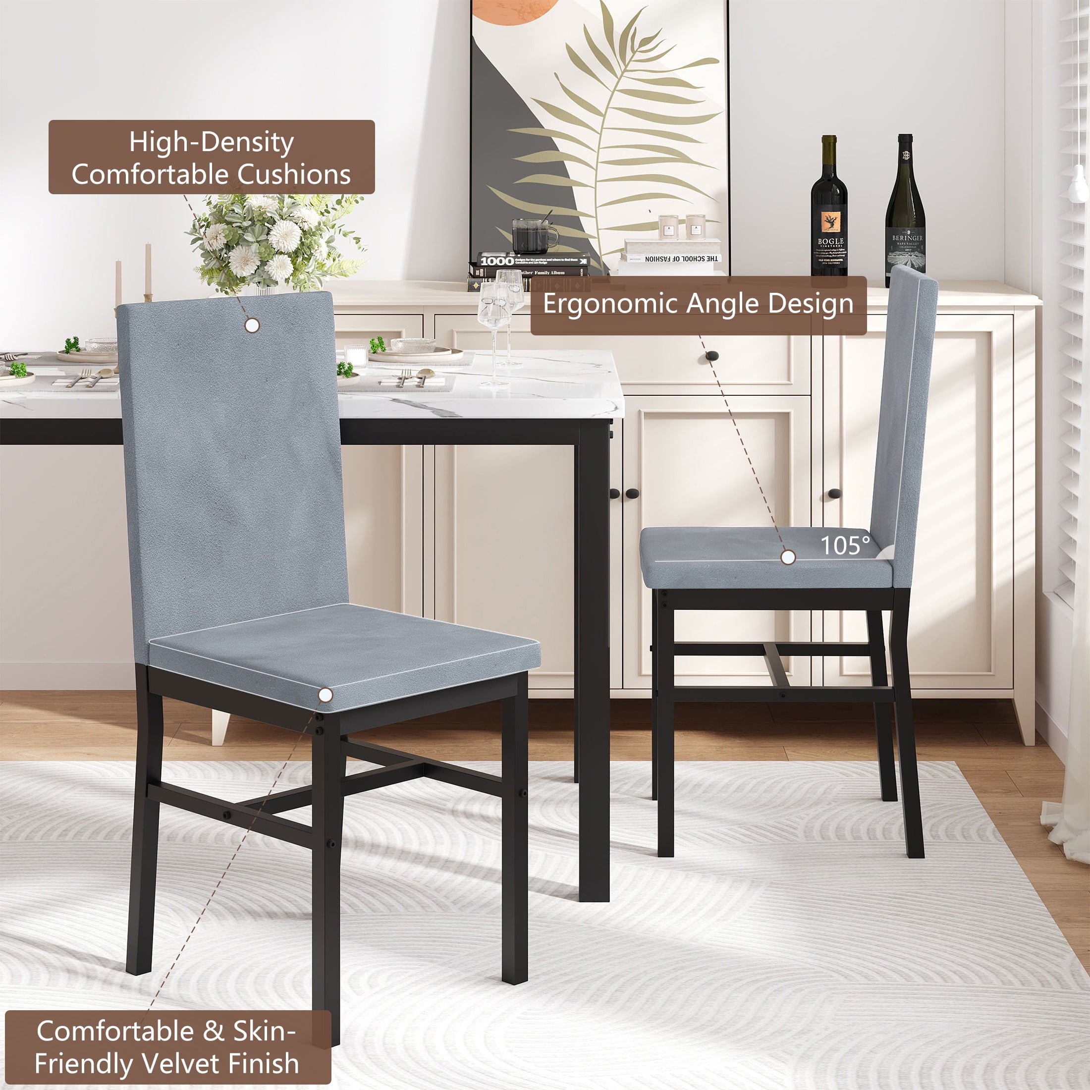 UHOMEPRO Dining Table Set for 4, 5 Piece Dining Room Table Set with Gray Velvet Upholstered Chairs, White Faux Marble Pattern Rectangle Kitchen Table Set for Breakfast Nook Small Space