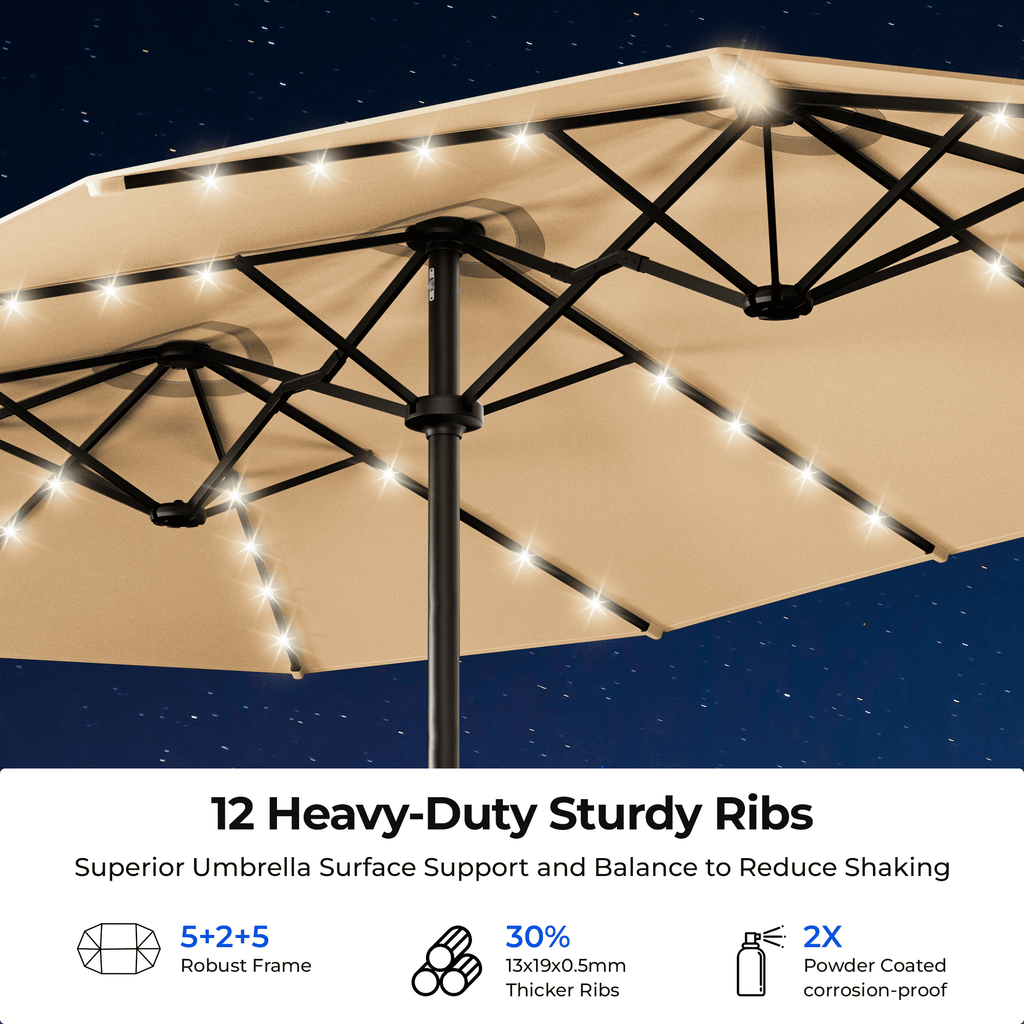 15ft Smart Electric Patio Umbrella, Large Double Sided Rectangular Outdoor Patio Umbrella with Light and Base for Lawn, Garden, Backyard,Beige