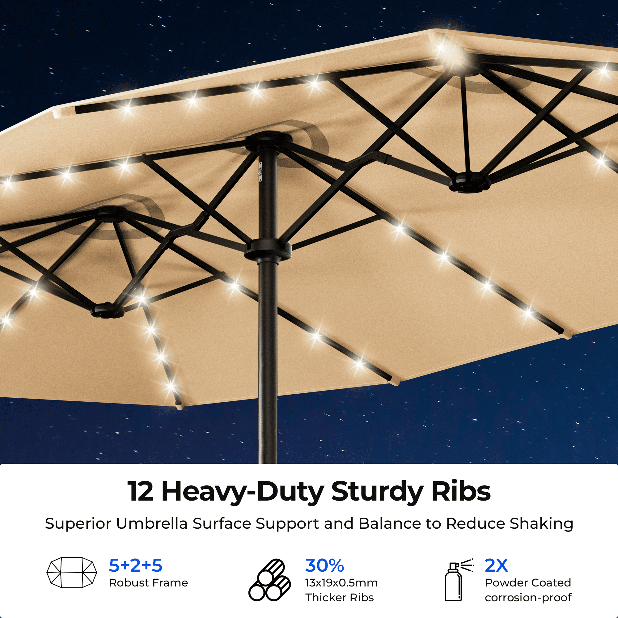 15ft Smart Electric Patio Umbrella, Large Double Sided Rectangular Outdoor Patio Umbrella with Light and Base for Lawn, Garden, Backyard,Beige