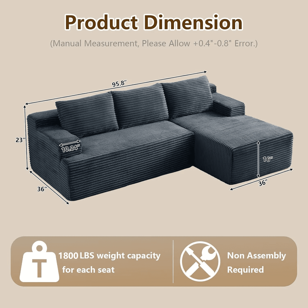 96 Boneless Cloud Couch with Chaise, Modular Sectional Sofa for Living Room, No Assembly Required, Deep Seat Corduroy Couch, Green