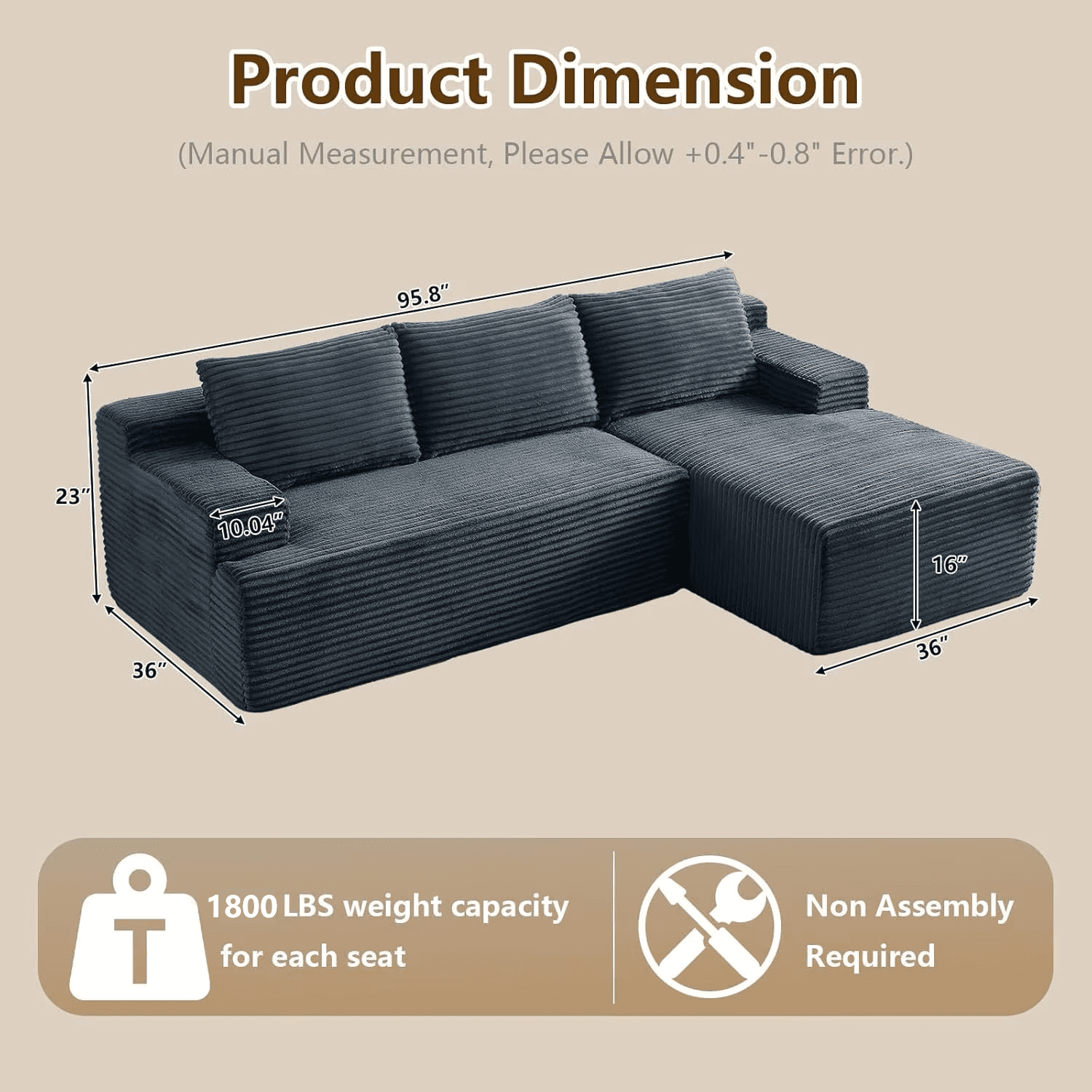96 Boneless Cloud Couch with Chaise, Modular Sectional Sofa for Living Room, No Assembly Required, Deep Seat Corduroy Couch, Green