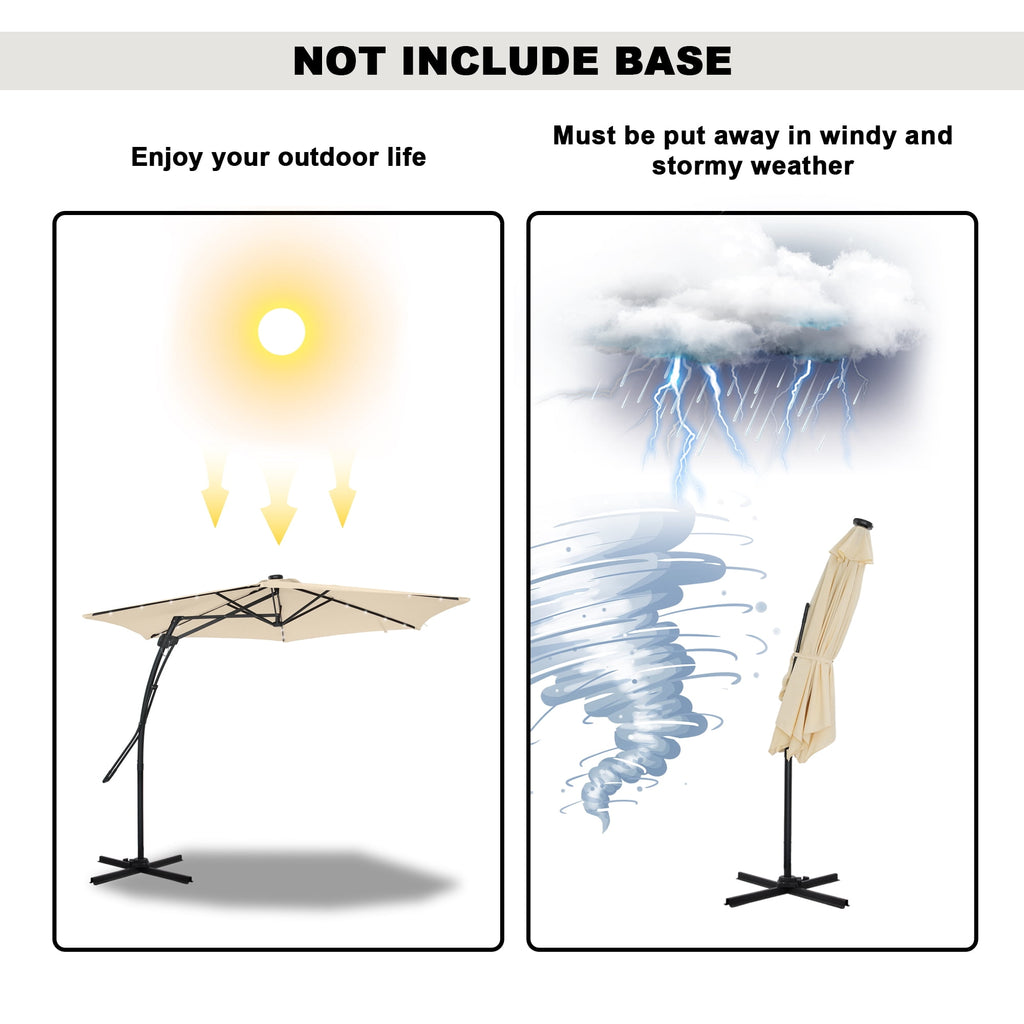Mondawe 10ft Heavy Duty Solar Patio Umbrella with Base Included, 360° Rotation, 24 LED Lights, Outdoor Hanging Offset Cantilever Market Sun Shade Umbrella, Beige
