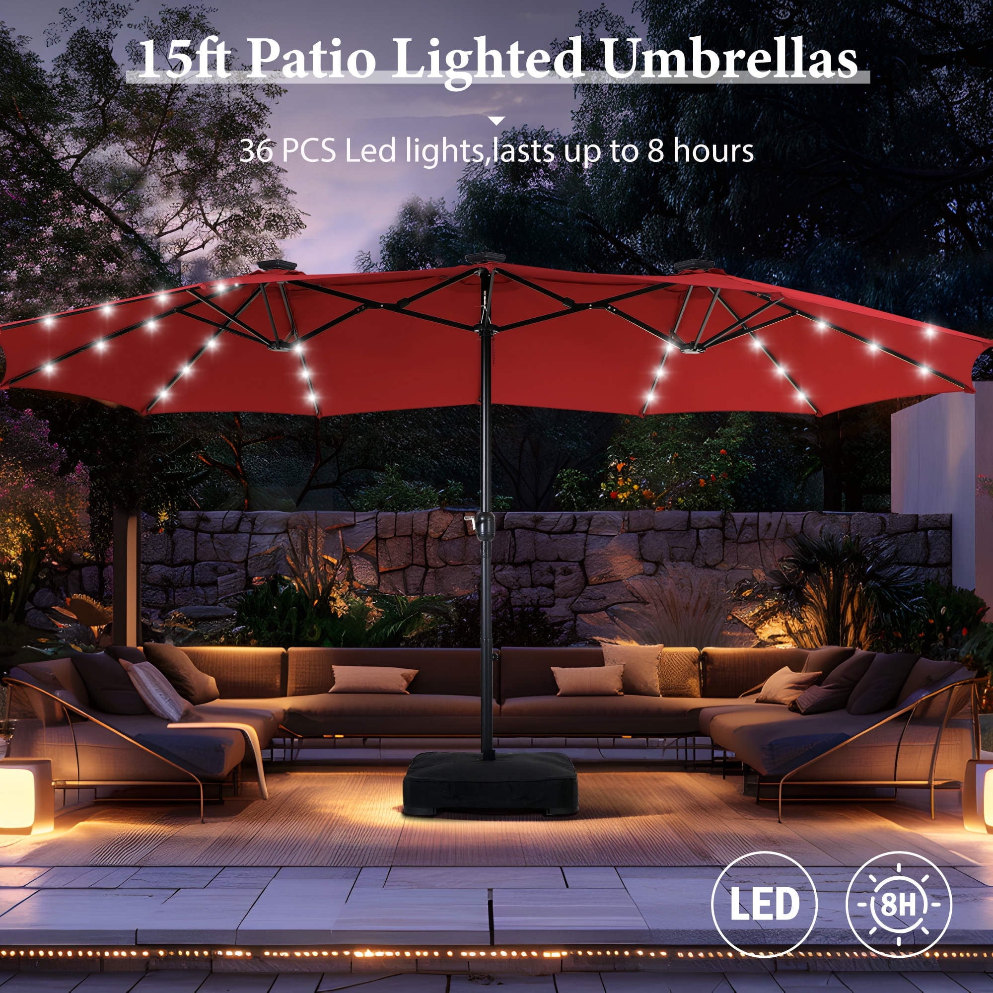 SUMMIT LIVING 15ft Double-Sided Solar Patio Umbrella with Base (Included) Large Outdoor Umbrella with Solar Lights - Beige