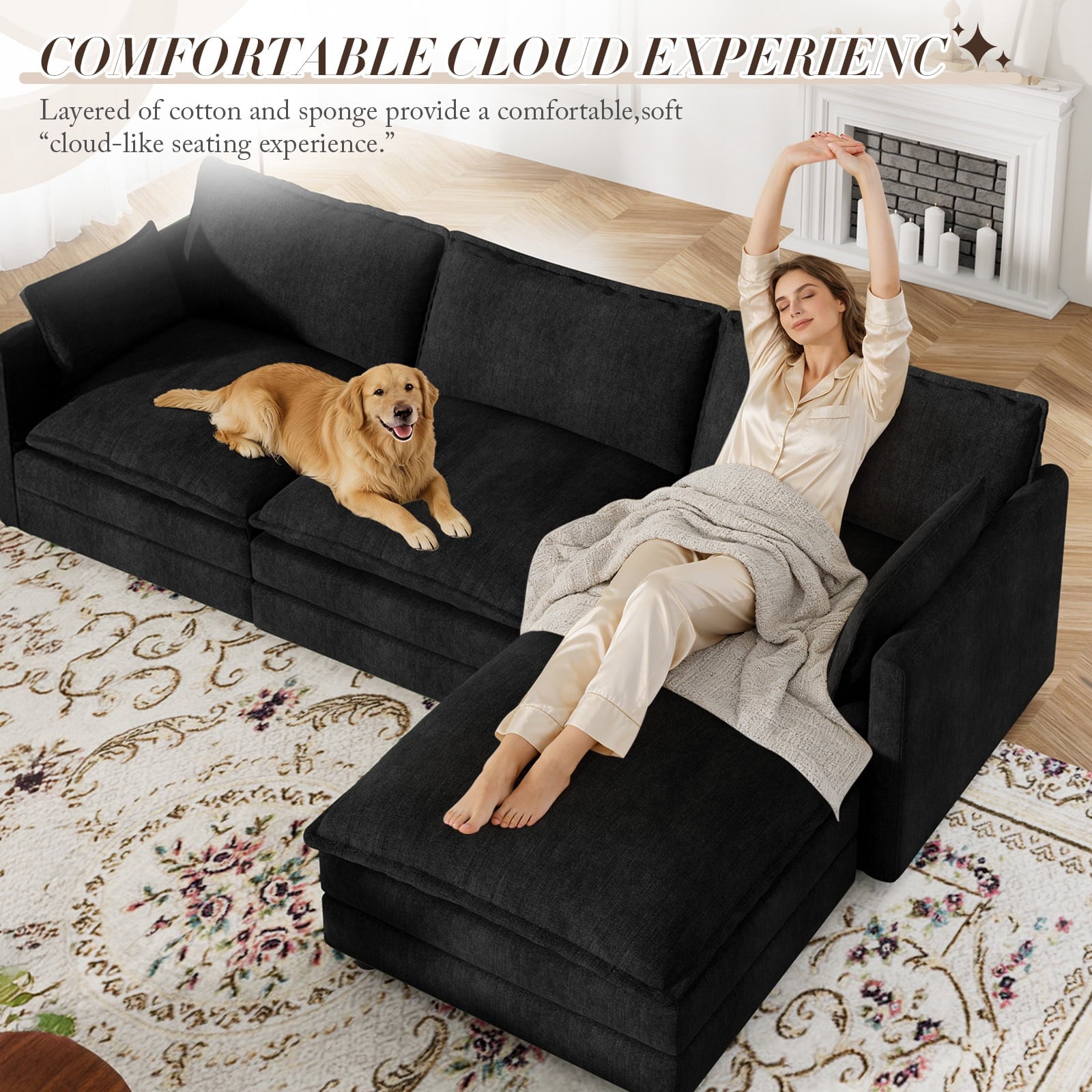 Muumblus Sectional Sofa Cloud Couch with Reversible Ottoman, L-Shaped Chenille Sofa for Living Rooms, Beige