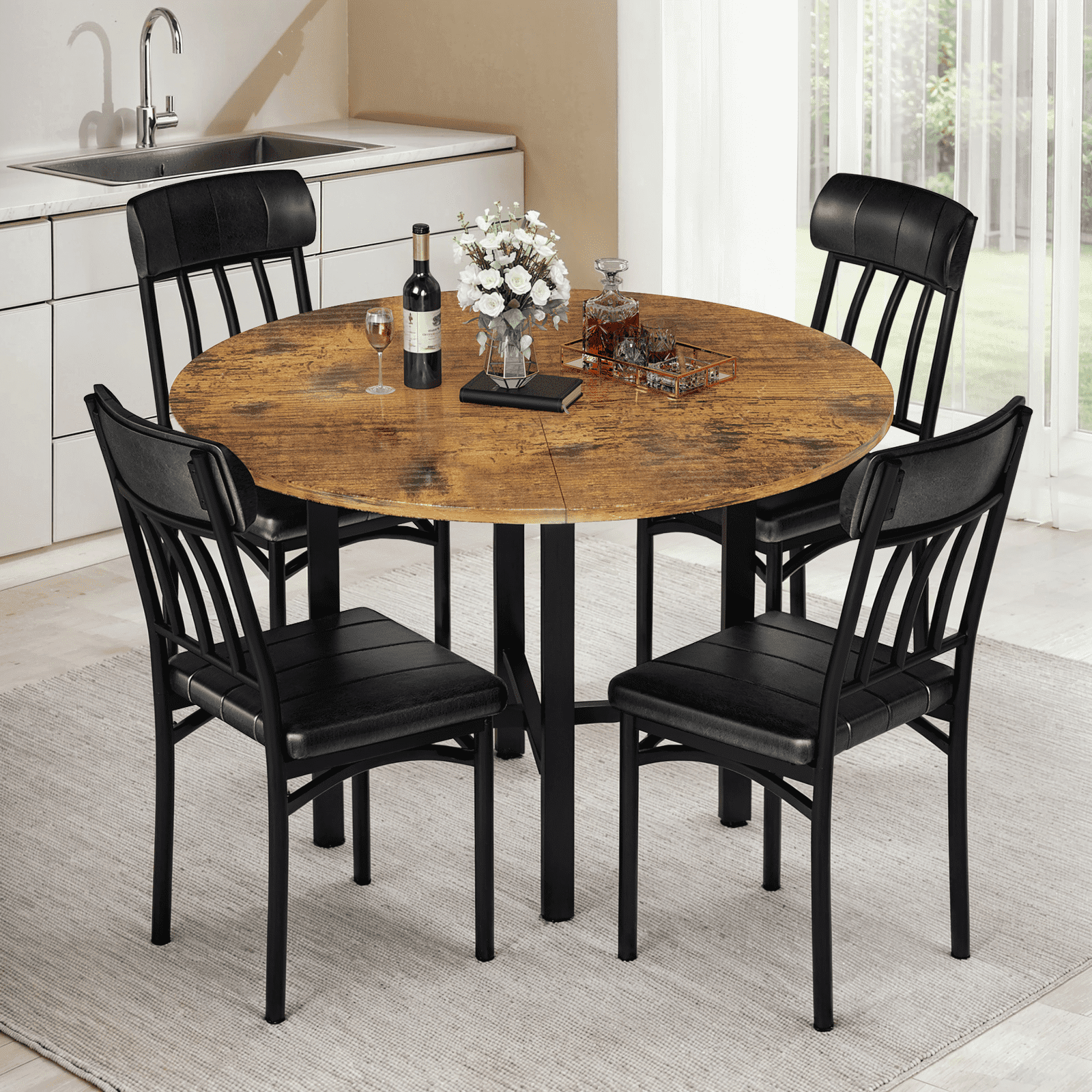 Lamerge Round Dining Table Set for 4,Wood Round Kitchen Table and Chairs Set for 4,Modern Dining Room Table Set with 4 Faux Leather Chairs,Round Dinner Table for Small Space,Brown