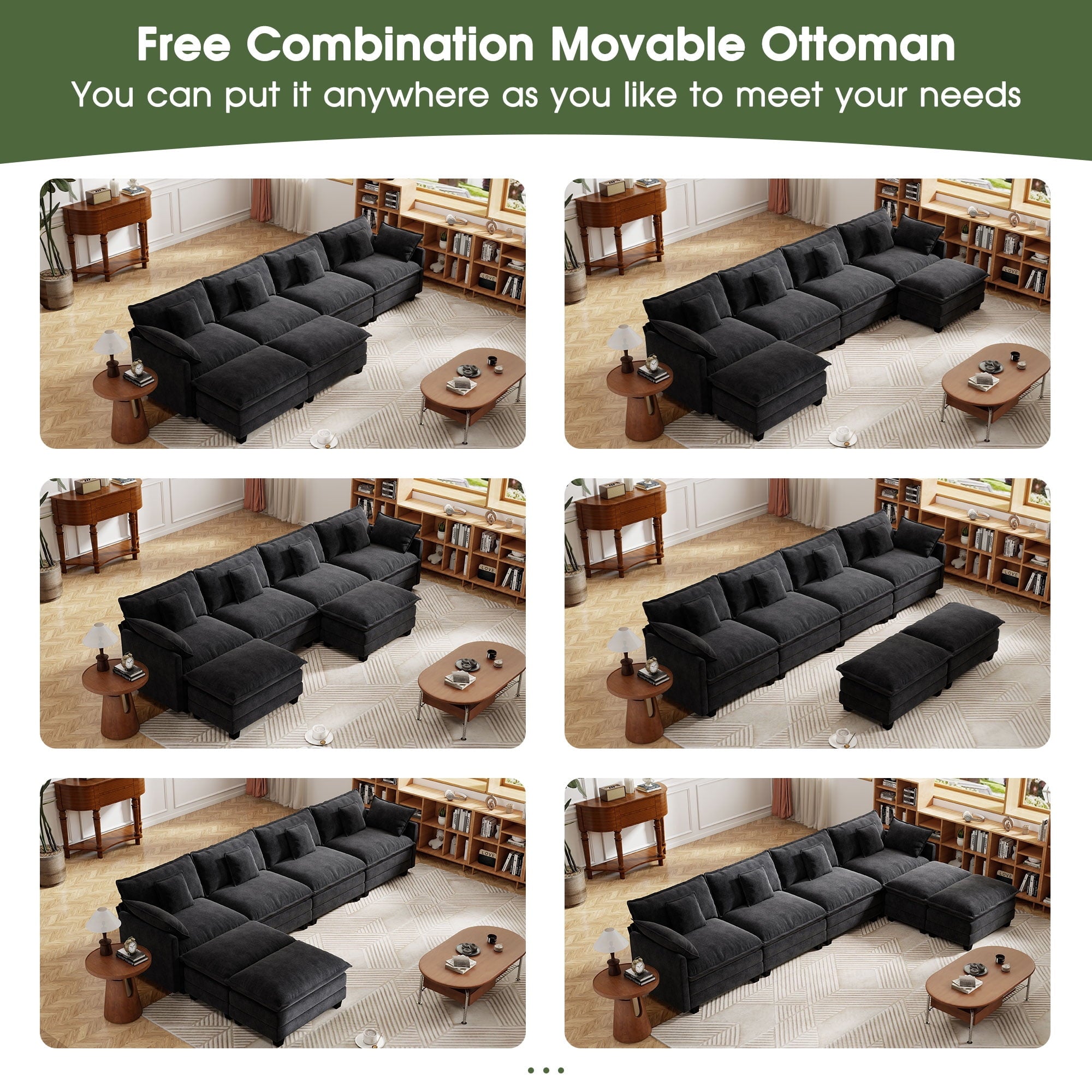 BedLuxury 111.5'' Modular Sectional Sofa with Movable Ottomans, U Shaped Cloud Couch for Living Room, 3-Seat, Grey