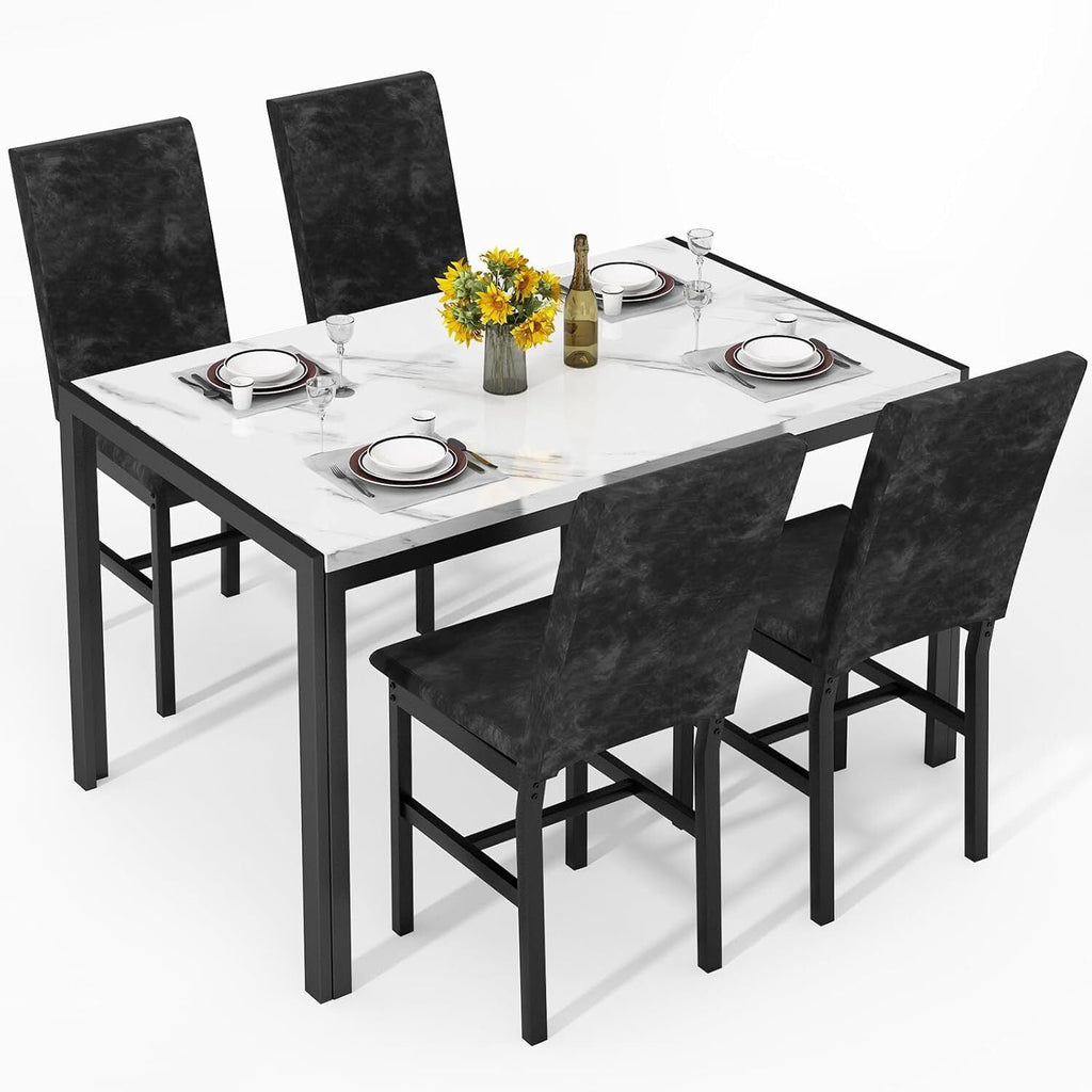 MOOSENG 5-Piece Dining Table Set with Faux Marble Top, Modern Kitchen Table and Set of 4 Grey Velvet Upholstered Chairs, Space-Saving Dinette Set for Small Spaces